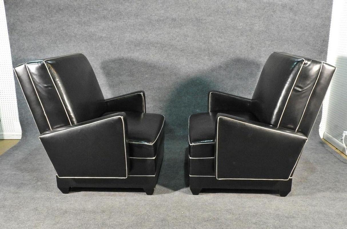 Paul Frankl Style Oversized Black and Gray Art Deco Style Club Chairs In Good Condition In Swedesboro, NJ