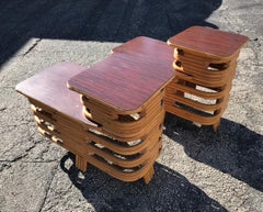 Paul Frankl Style Rattan 2 Tier Side Tables, Pair