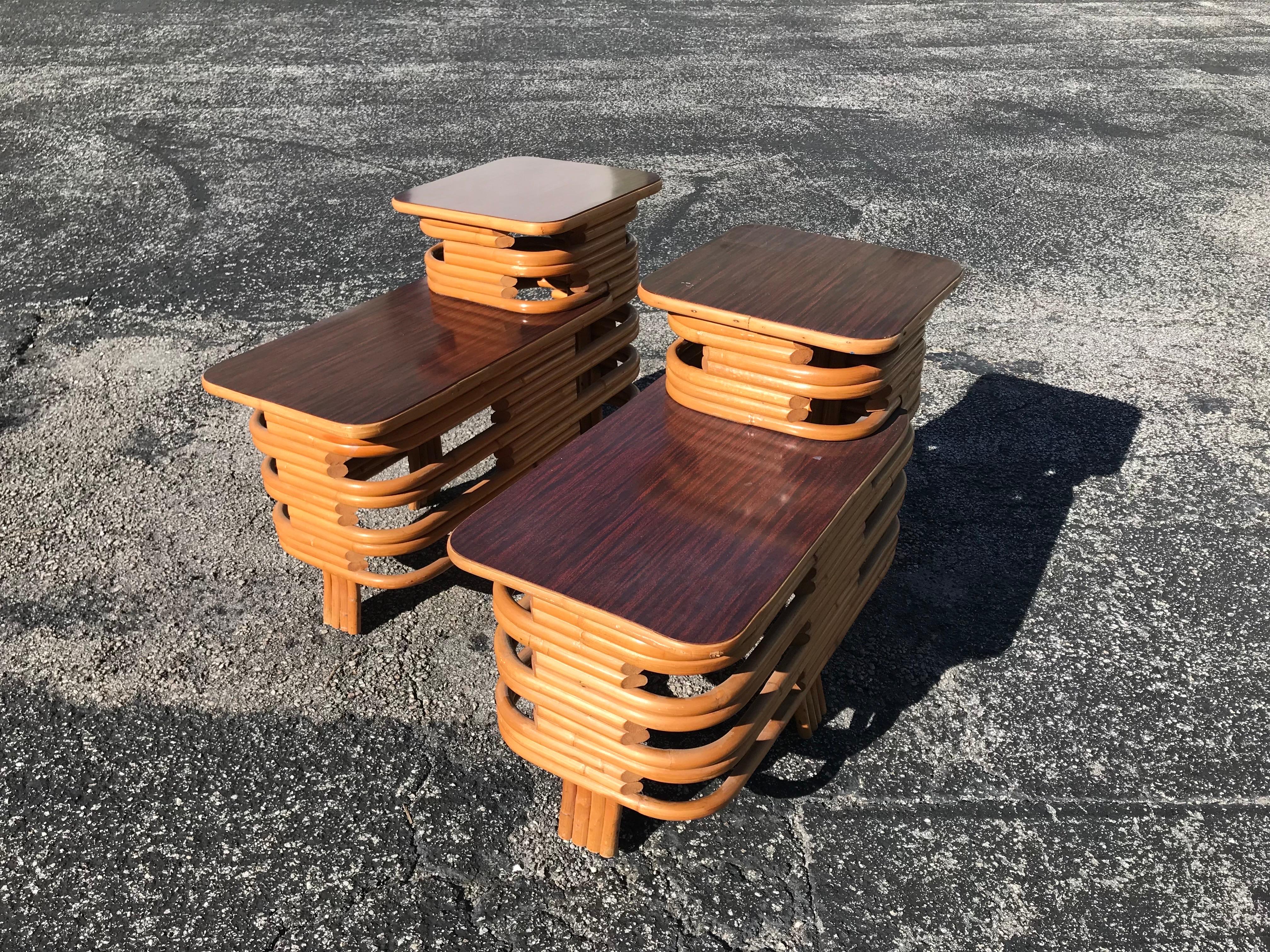 Mid-Century Modern Paul Frankl Style Rattan 2 Tier Side Tables, Pair For Sale