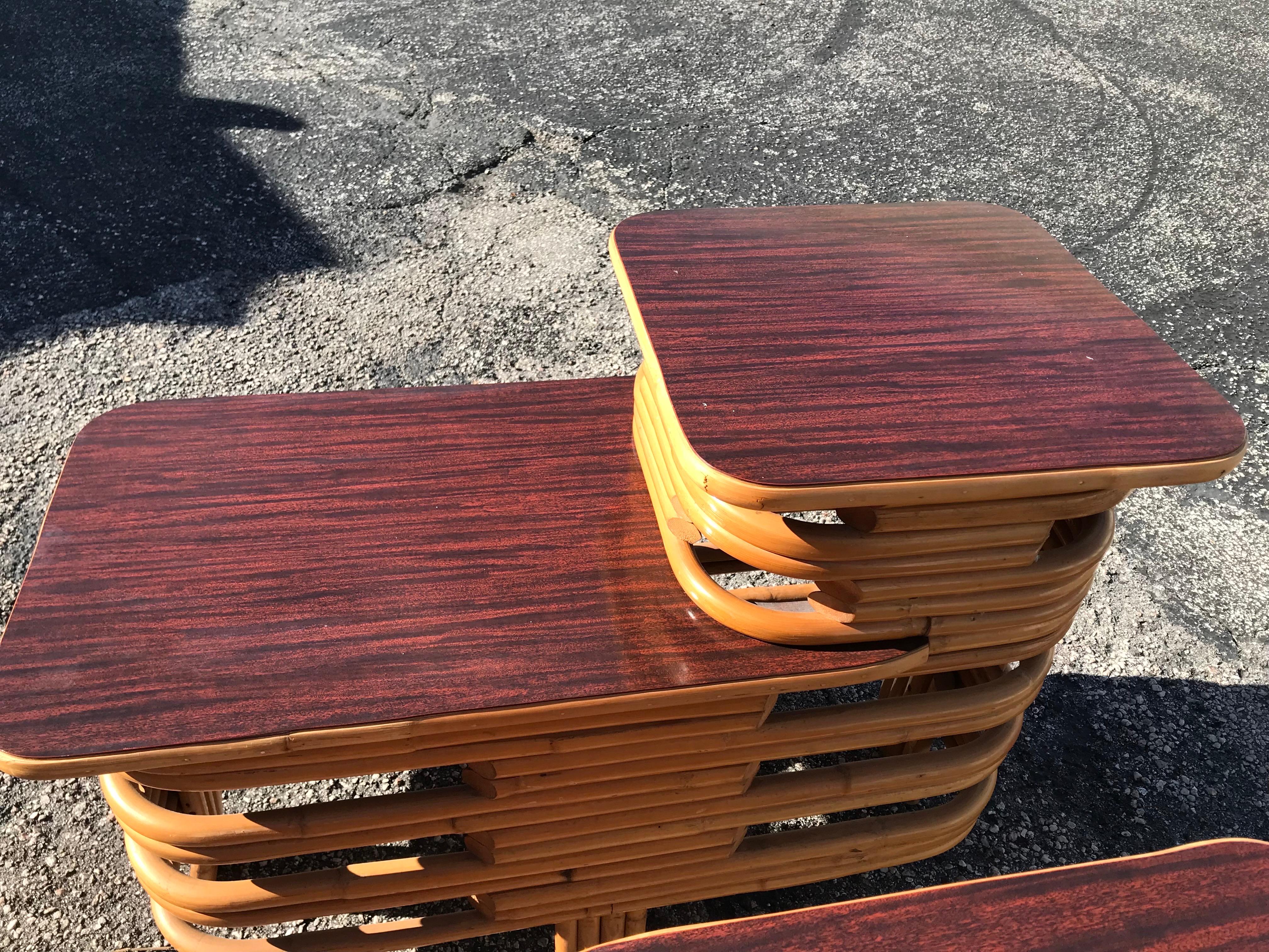 American Paul Frankl Style Rattan 2 Tier Side Tables, Pair For Sale