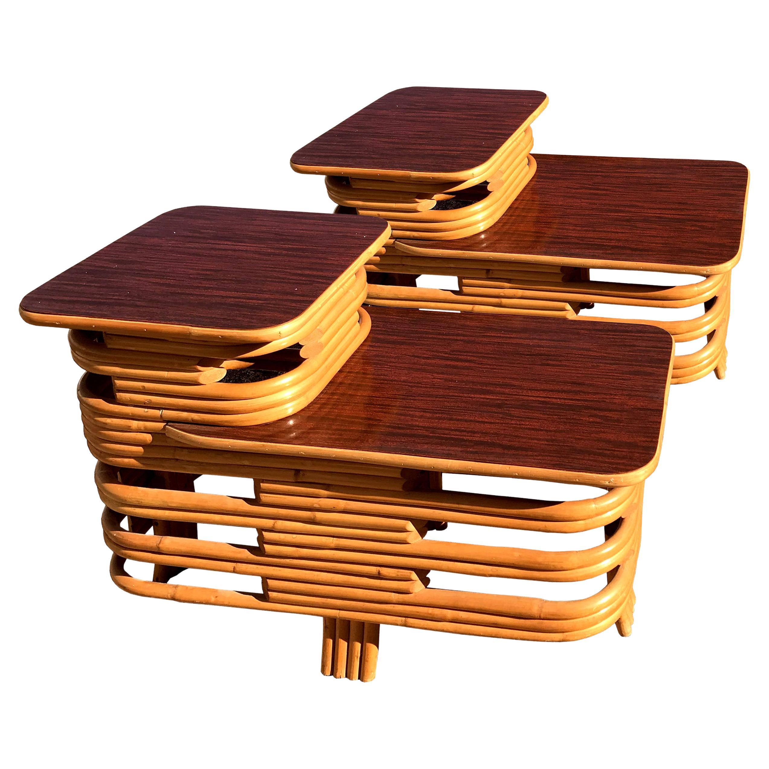 Paul Frankl Style Rattan 2 Tier Side Tables, Pair For Sale