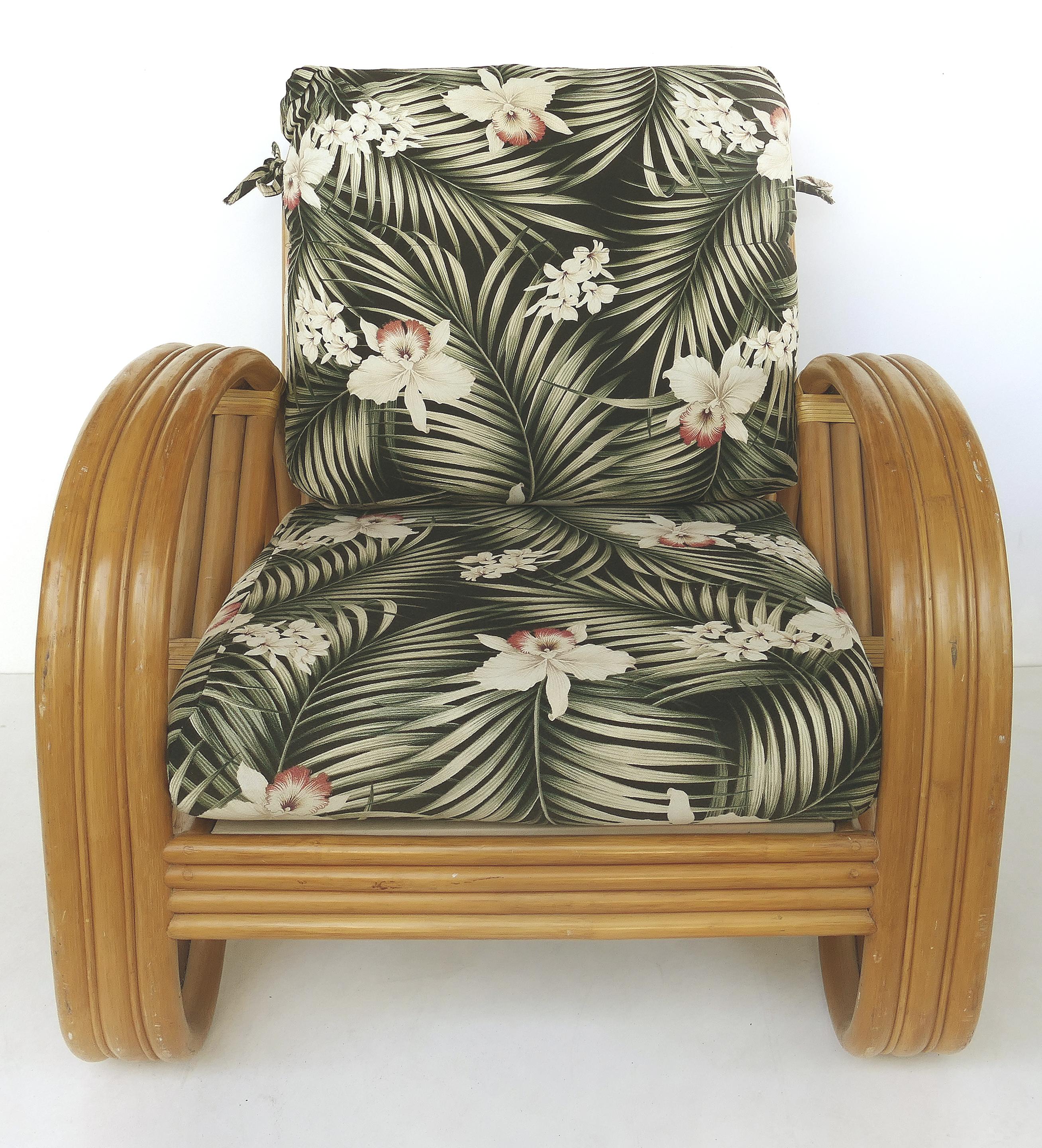 Paul Frankl style rattan pretzel club chair and ottoman with three bands

Offered for sale is a Mid-Century Modern pretzel club chair and ottoman in the manner of Paul Frankl. The set is from King's Rattan of California and is nicely upholstered