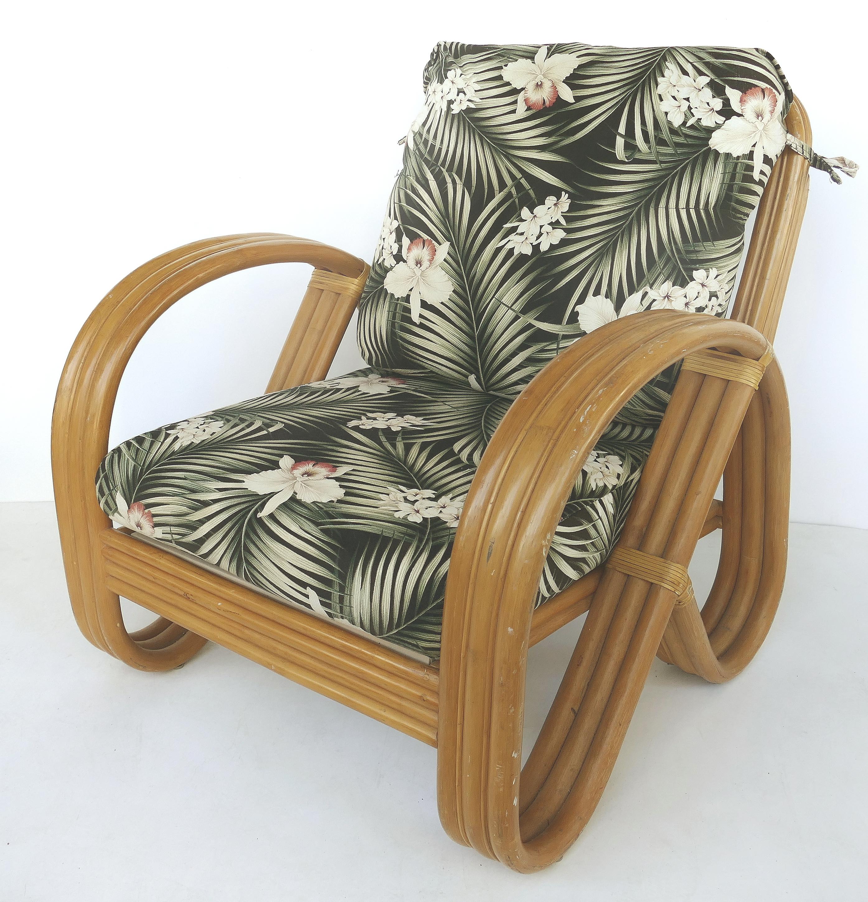 Mid-Century Modern Paul Frankl Style Rattan Pretzel Club Chair and Ottoman with Three Bands