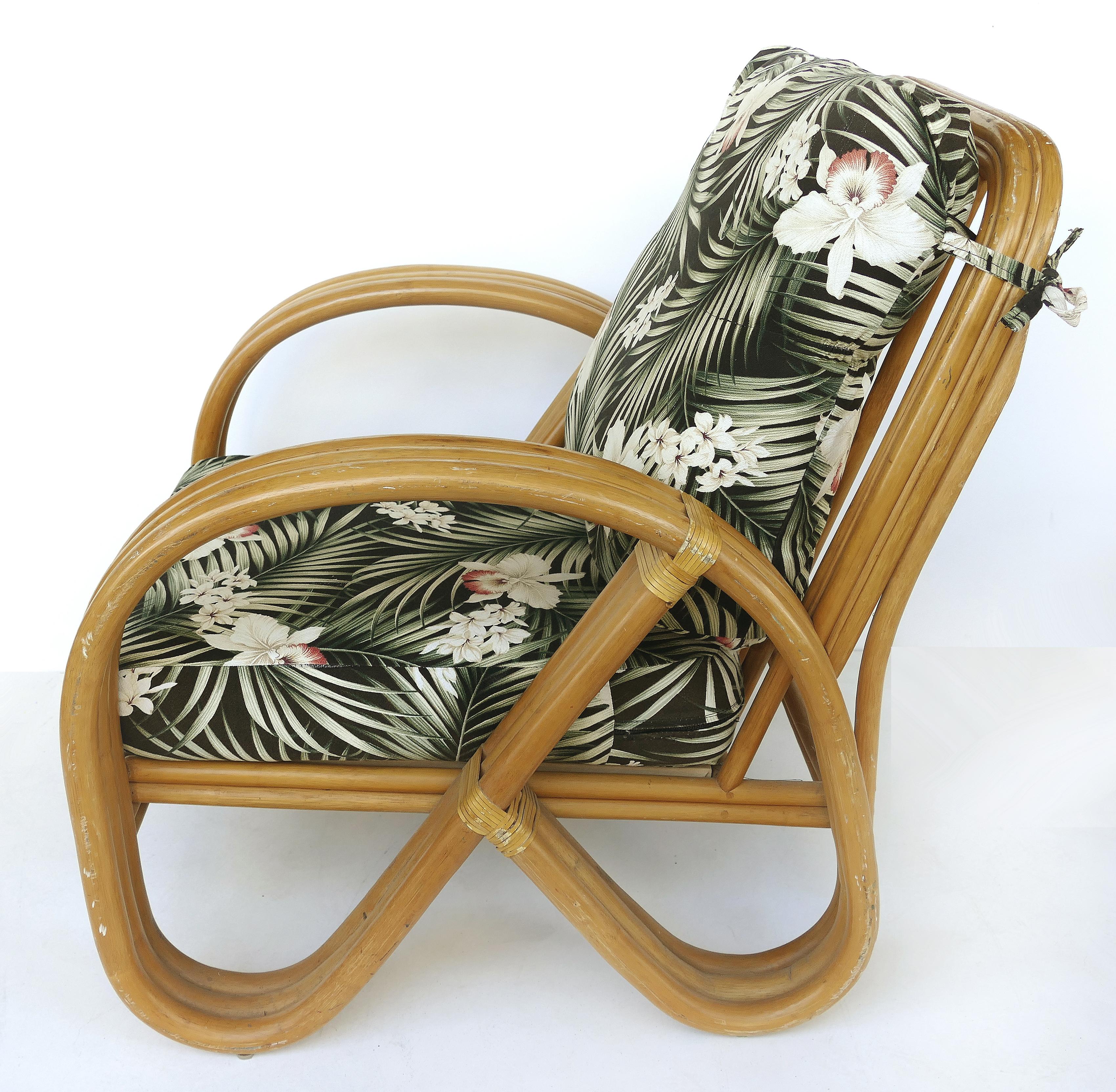 North American Paul Frankl Style Rattan Pretzel Club Chair and Ottoman with Three Bands