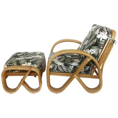 Paul Frankl Style Rattan Pretzel Club Chair und Ottoman mit drei Bändern
