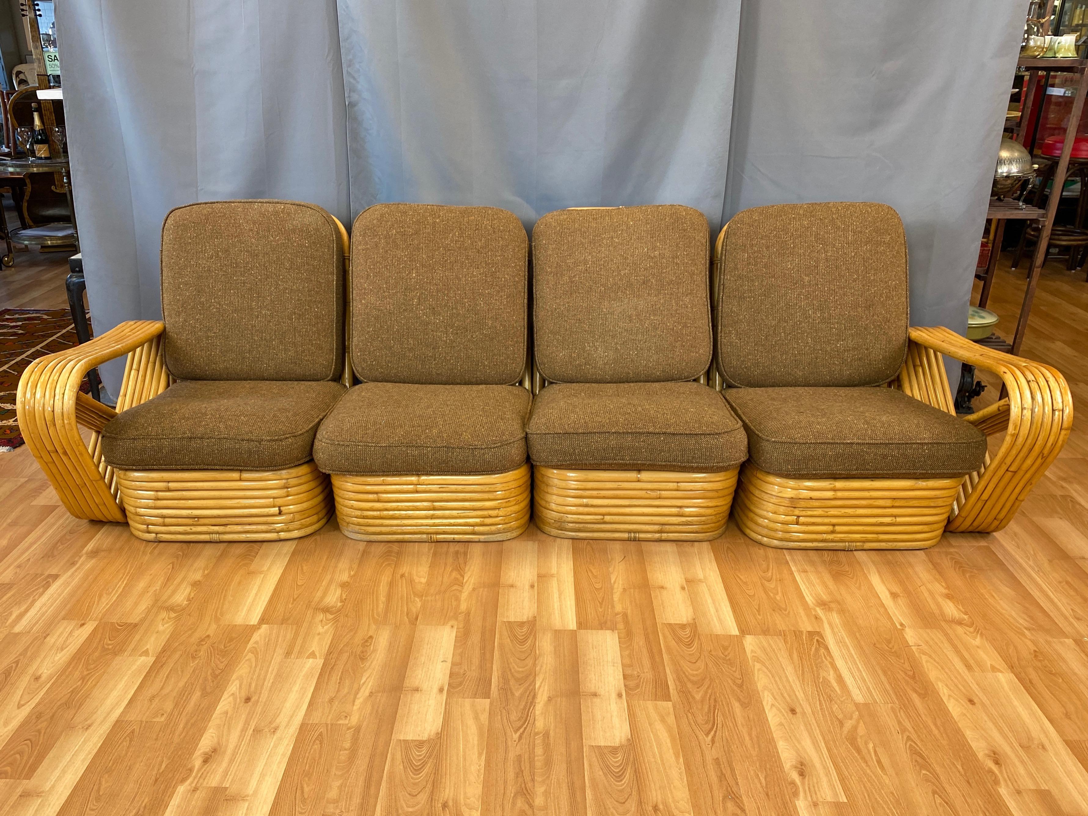 An impressive mid-century Paul Frankl-style rattan four-seat sectional pretzel sofa, with production attributed to Tropical Sun Co. of Pasadena, California.

Expertly-crafted bent rattan four-piece modular sofa notable for six-strand arms with