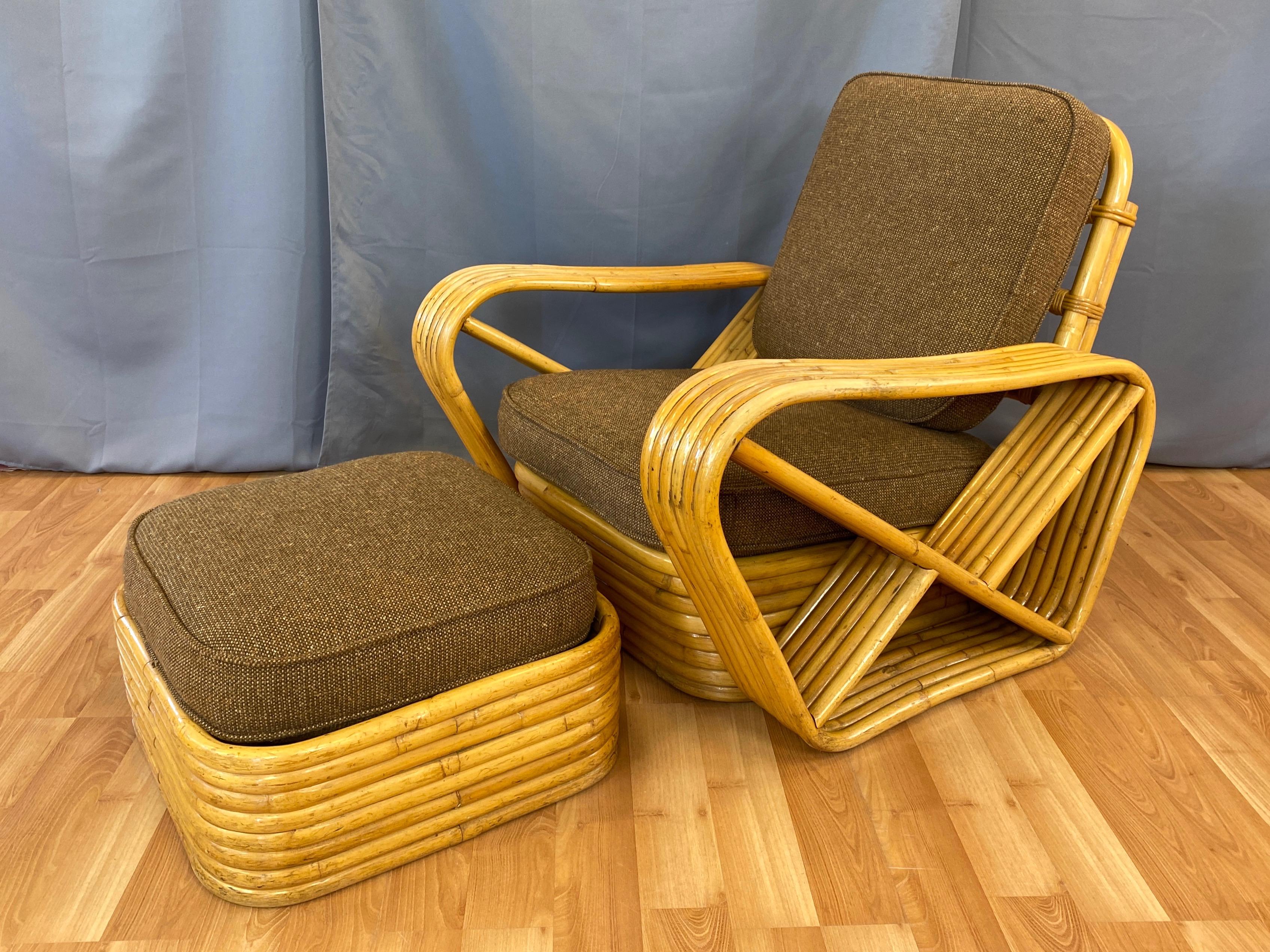 An impressive mid-century Paul Frankl-style rattan pretzel club or lounge chair & ottoman, with production attributed to Tropical Sun Co. of Pasadena, California.

Expertly-crafted bent rattan chair notable for six-strand arms with pretzel-style