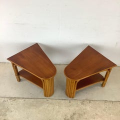 Paul Frankl Style Rattan Wedge Tables- a Pair