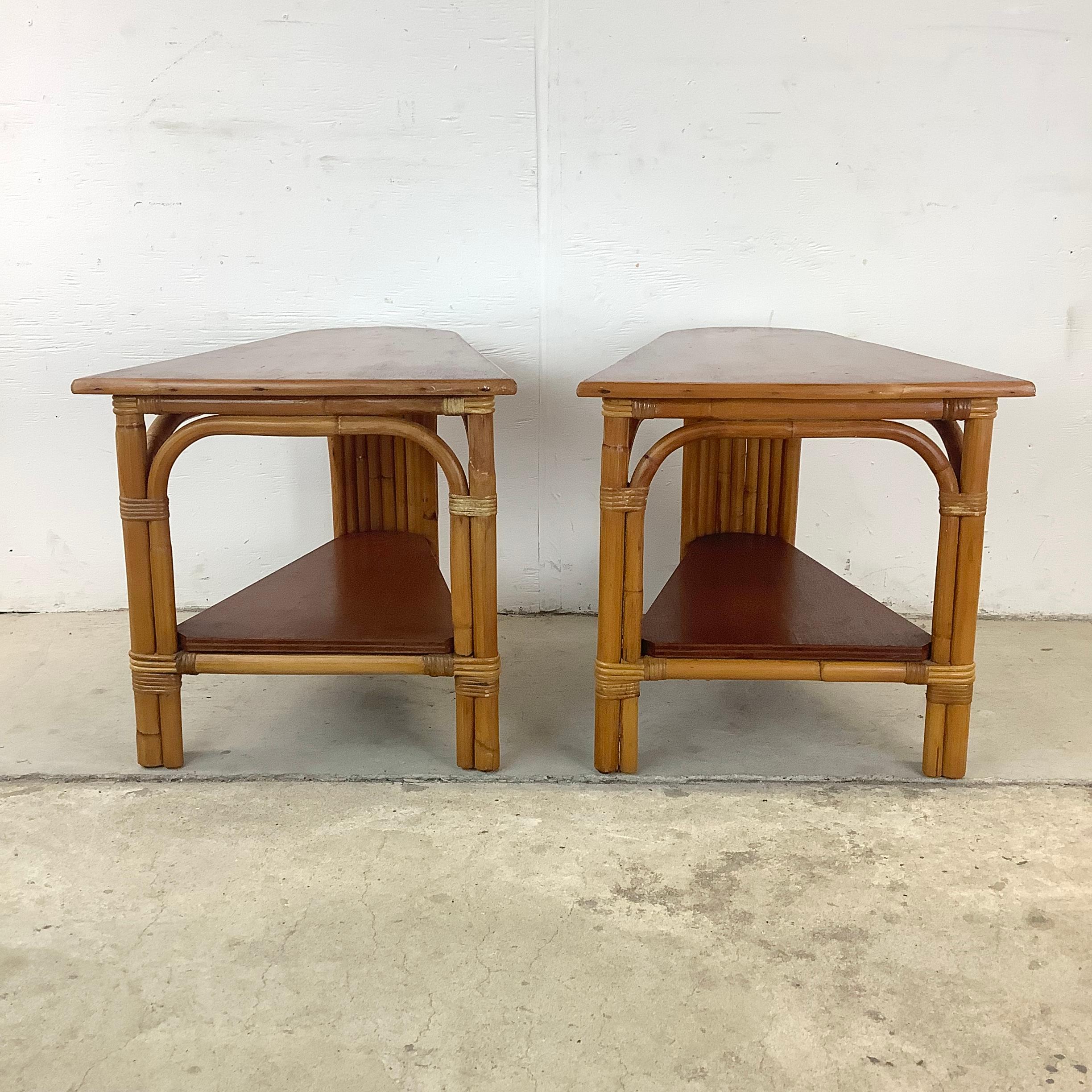Unknown Paul Frankl Style Rattan Wedge Tables- a Pair
