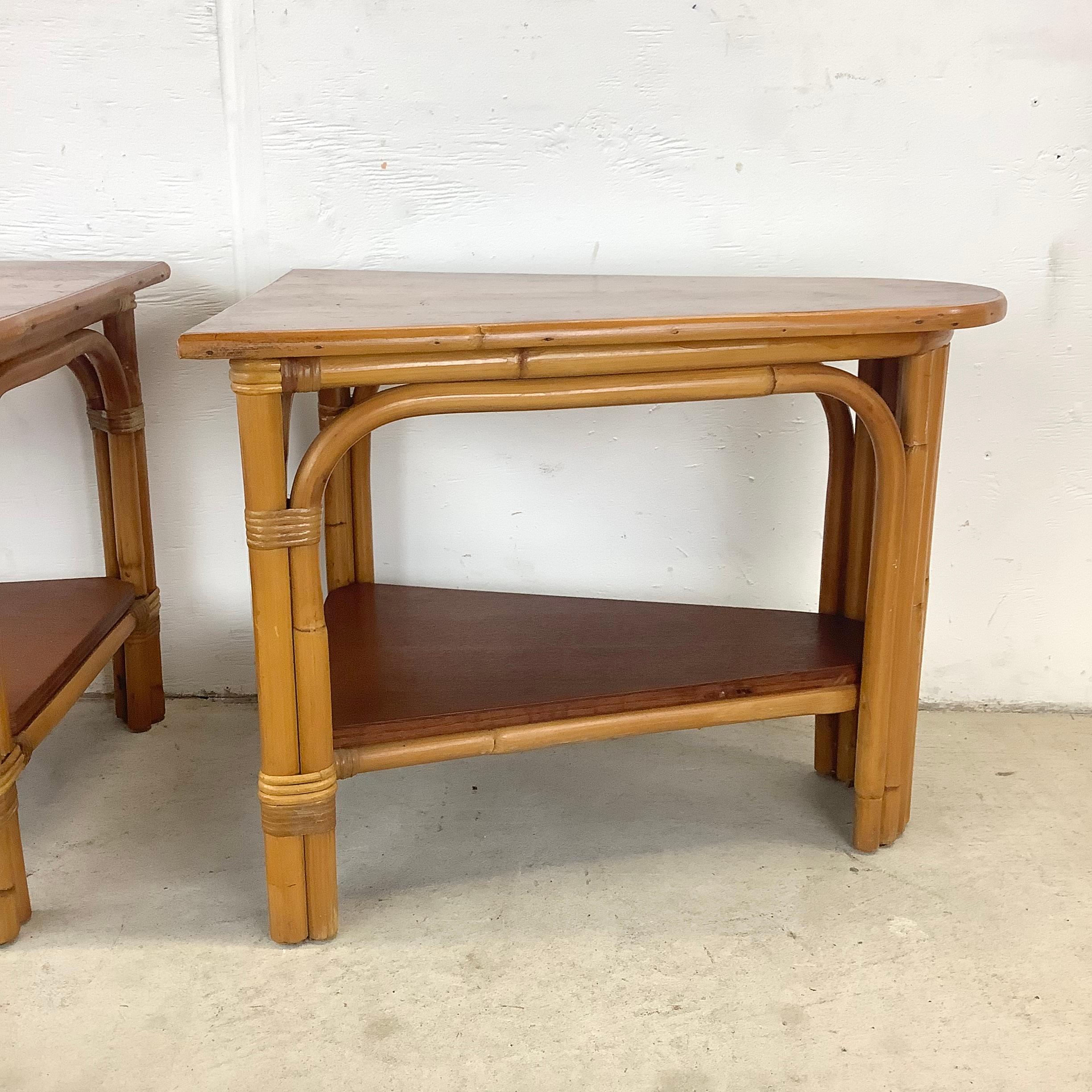 Paul Frankl Style Rattan Wedge Tables- a Pair In Fair Condition In Trenton, NJ