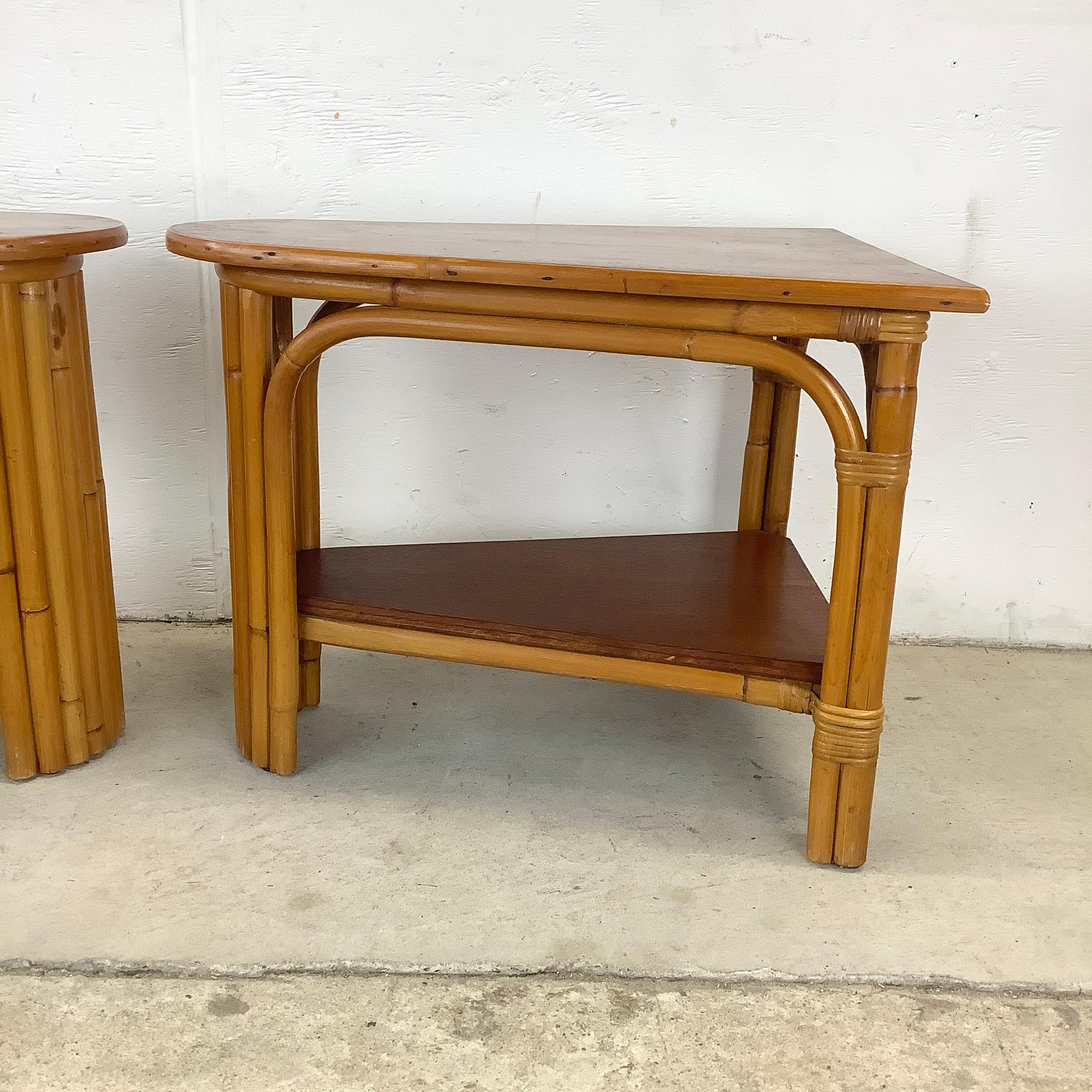 20th Century Paul Frankl Style Rattan Wedge Tables- a Pair