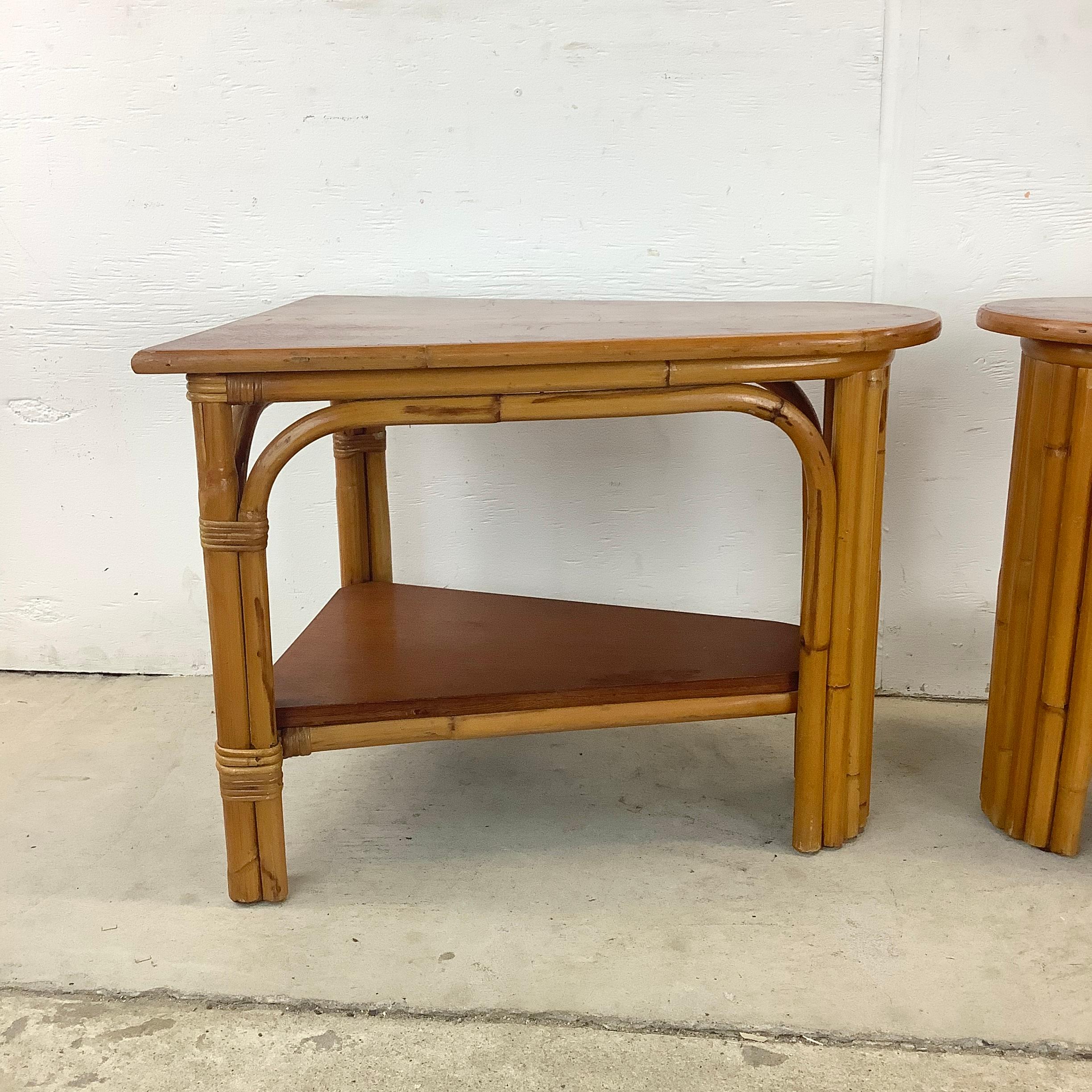 Paul Frankl Style Rattan Wedge Tables- a Pair 1