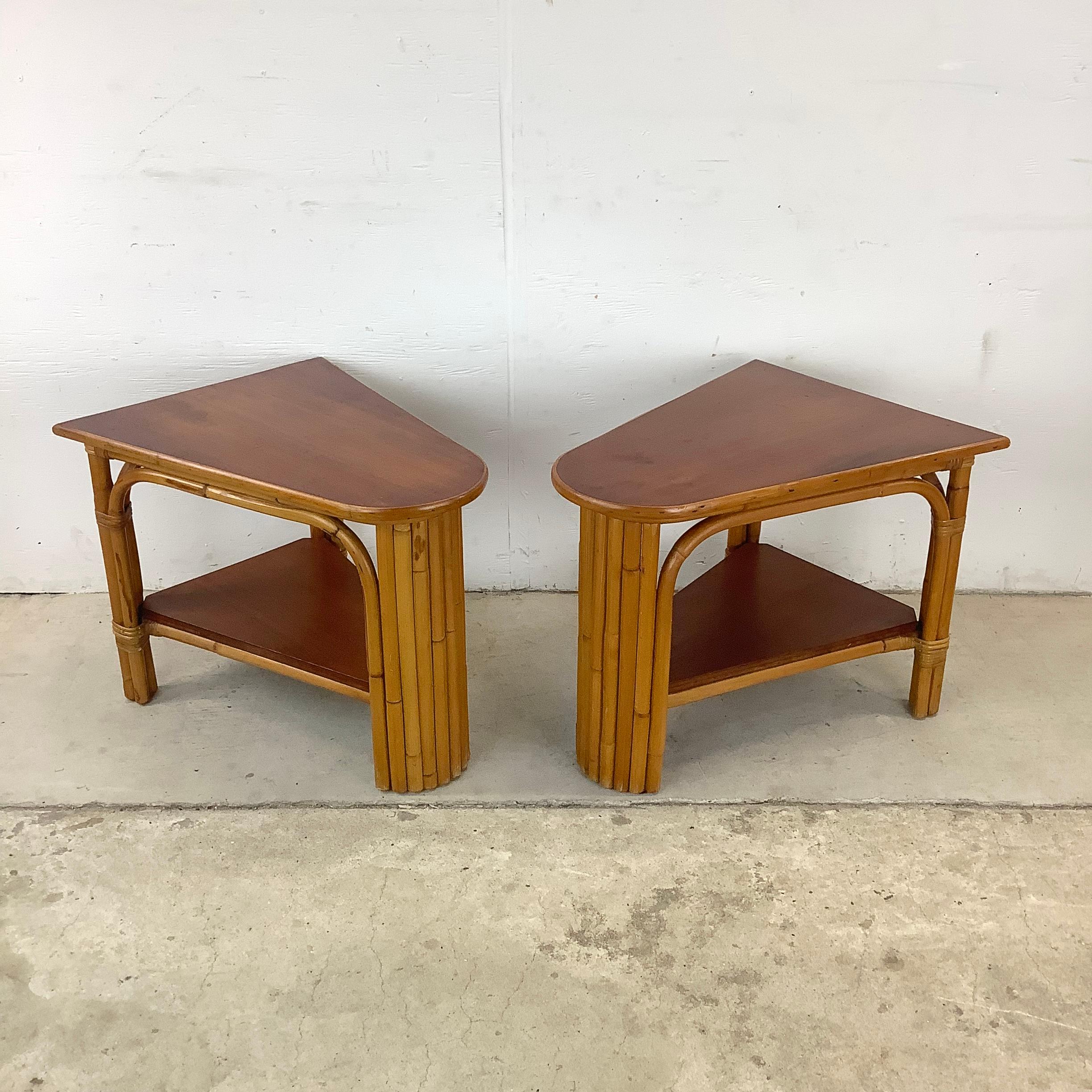 Paul Frankl Style Rattan Wedge Tables- a Pair 2