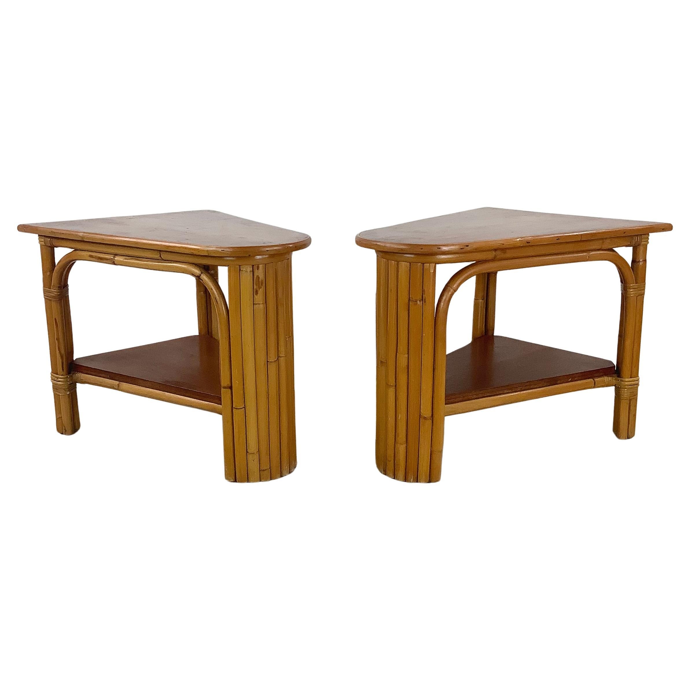 Paul Frankl Style Rattan Wedge Tables- a Pair