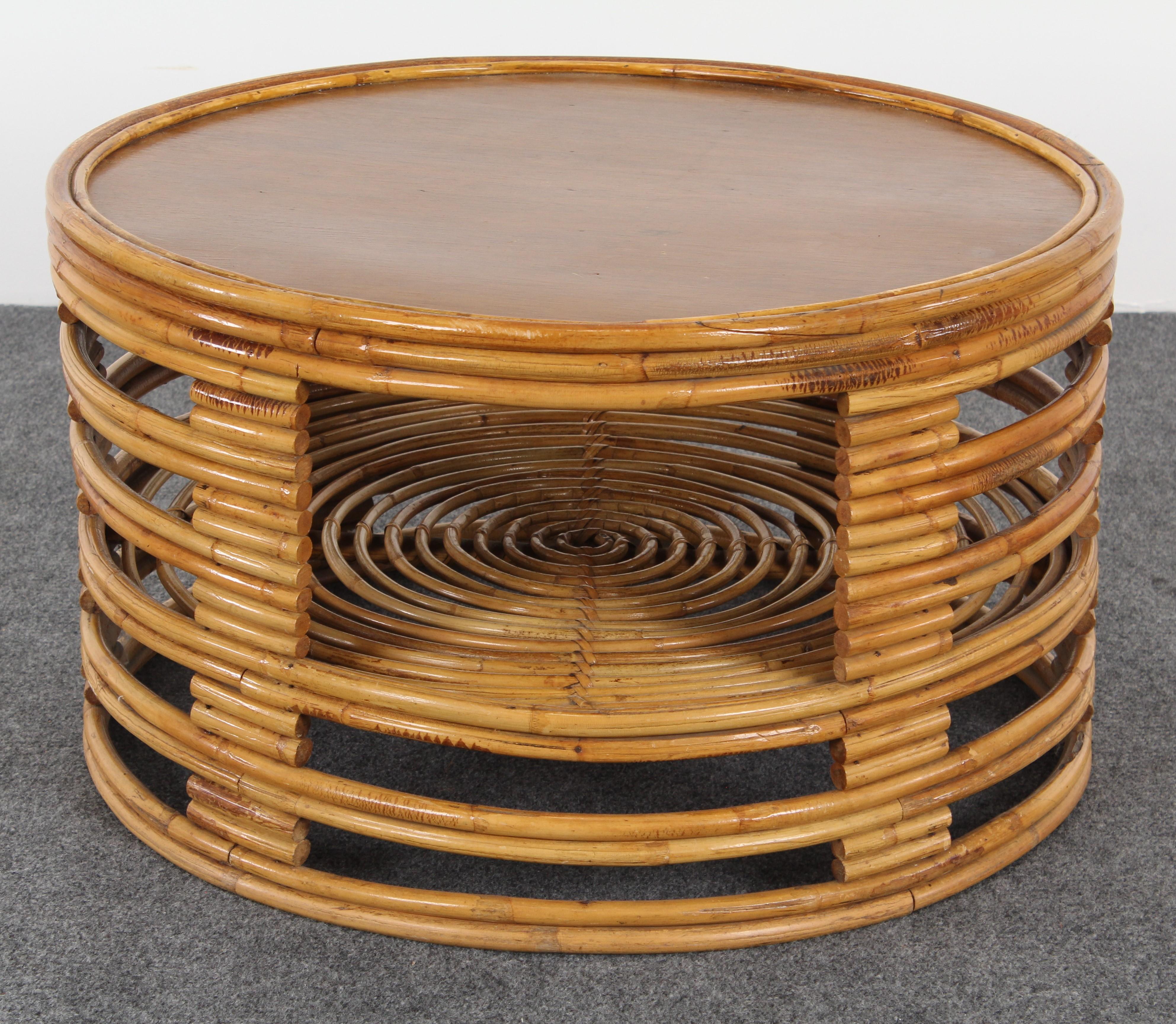 Mid-Century Modern Paul Frankl Style Round Bamboo Rattan Coffee Table with Slate Top, 1950s