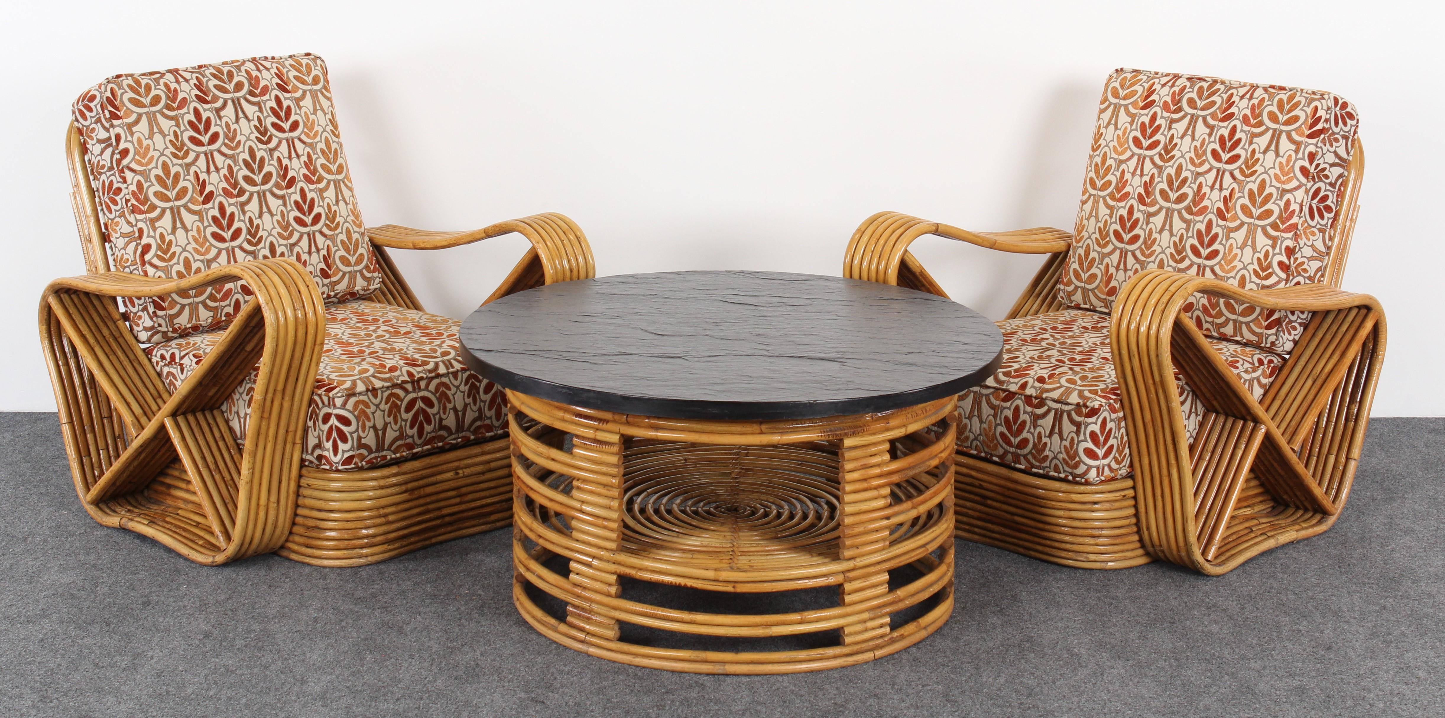 American Paul Frankl Style Round Bamboo Rattan Coffee Table with Slate Top, 1950s