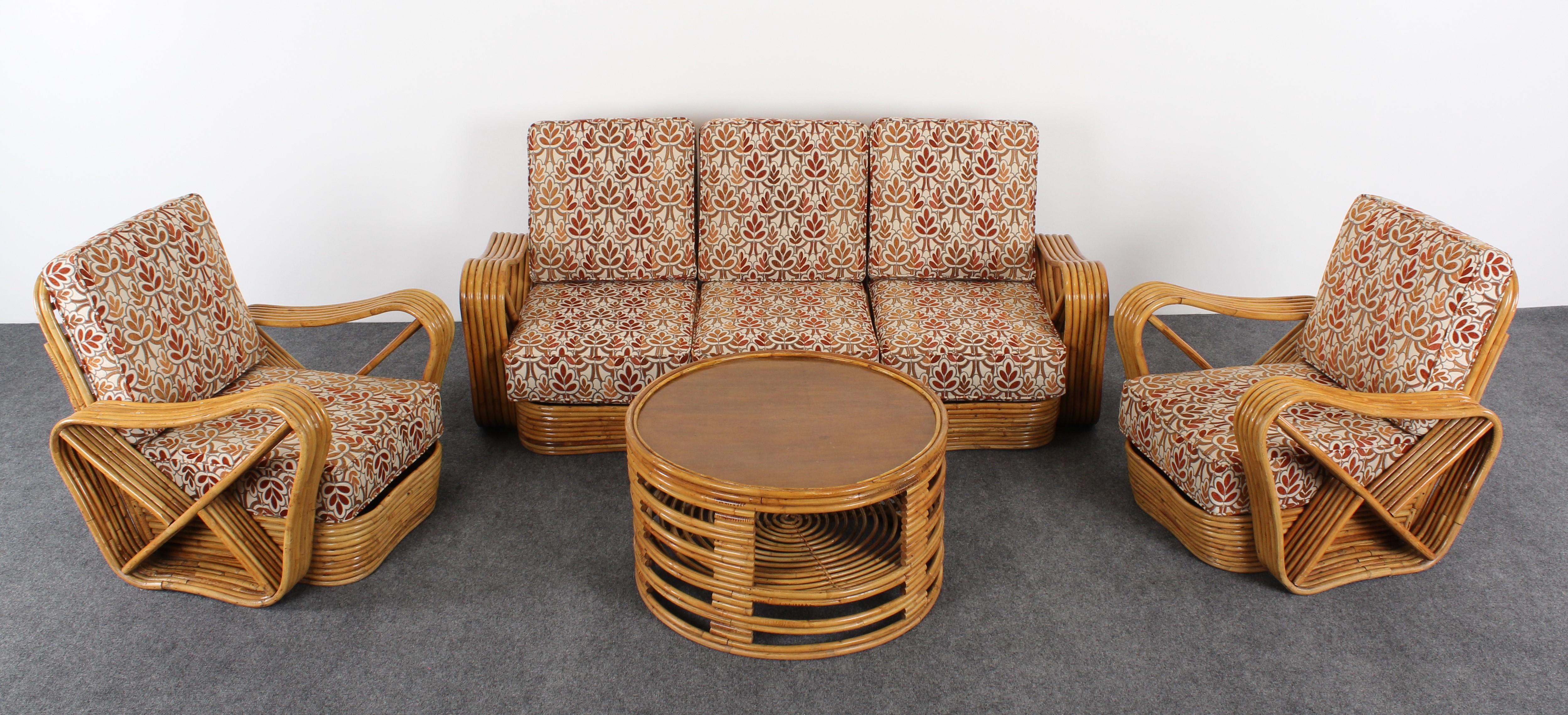 Paul Frankl Style Round Bamboo Rattan Coffee Table with Slate Top, 1950s In Good Condition In Hamburg, PA