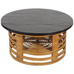 Paul Frankl Style Round Bamboo Rattan Coffee Table with Slate Top, 1950s