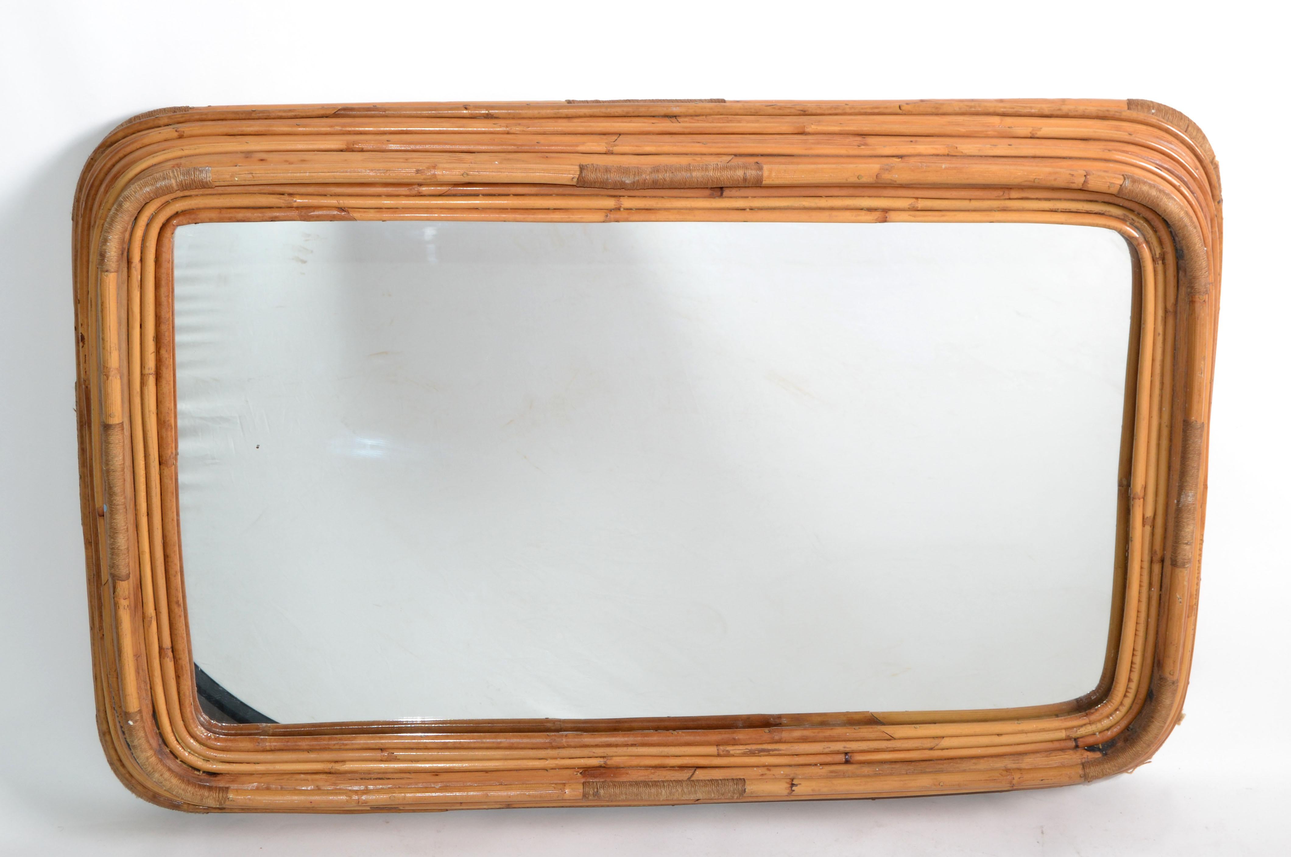 Paul Frankl Style Six Band Form Woven Bamboo & Rope Rectangular Wall Mirror 1950 2