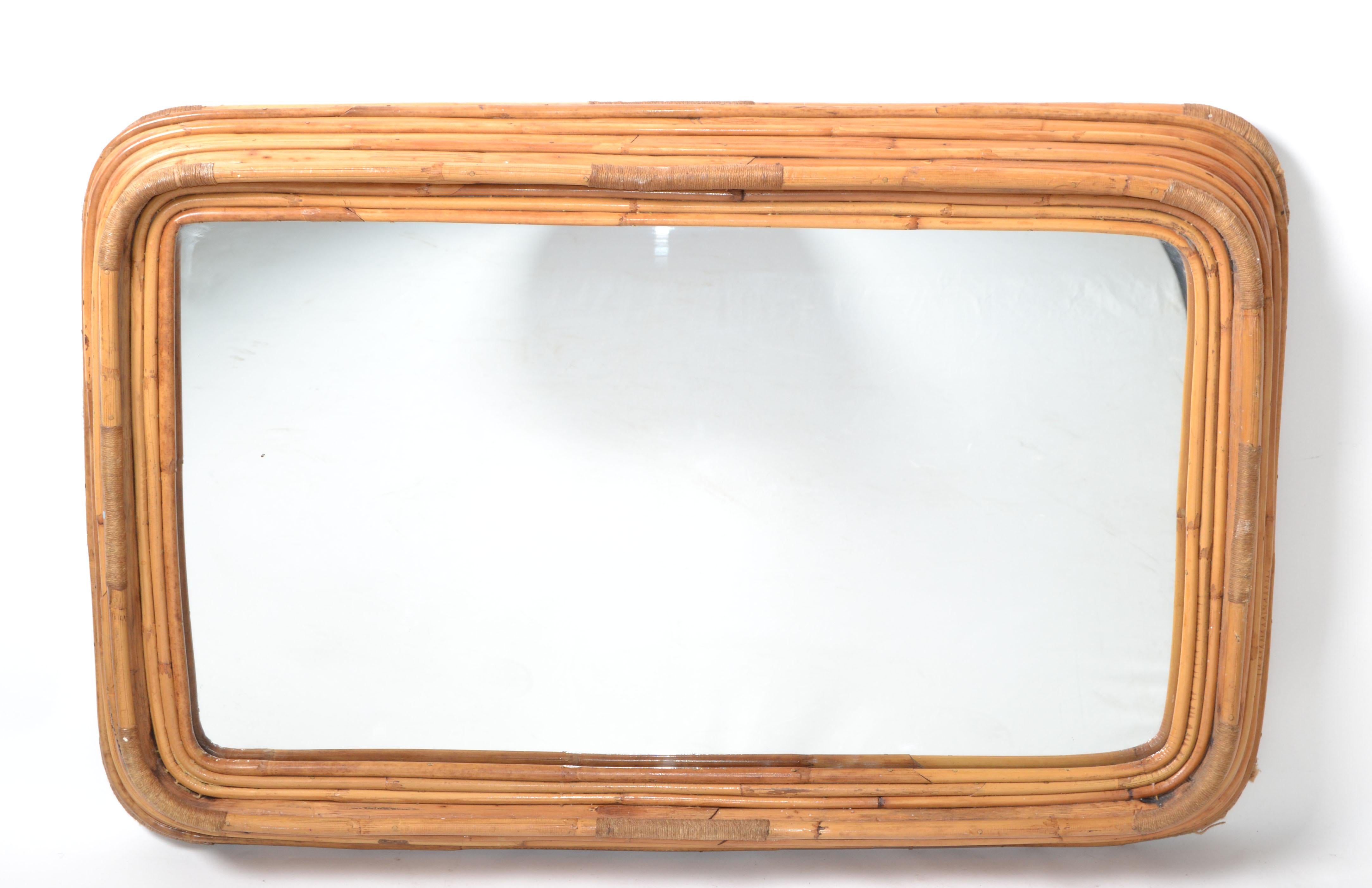 Mid-Century Modern Paul Frankl Style Six Band Form Woven Bamboo & Rope Rectangular Wall Mirror 1950