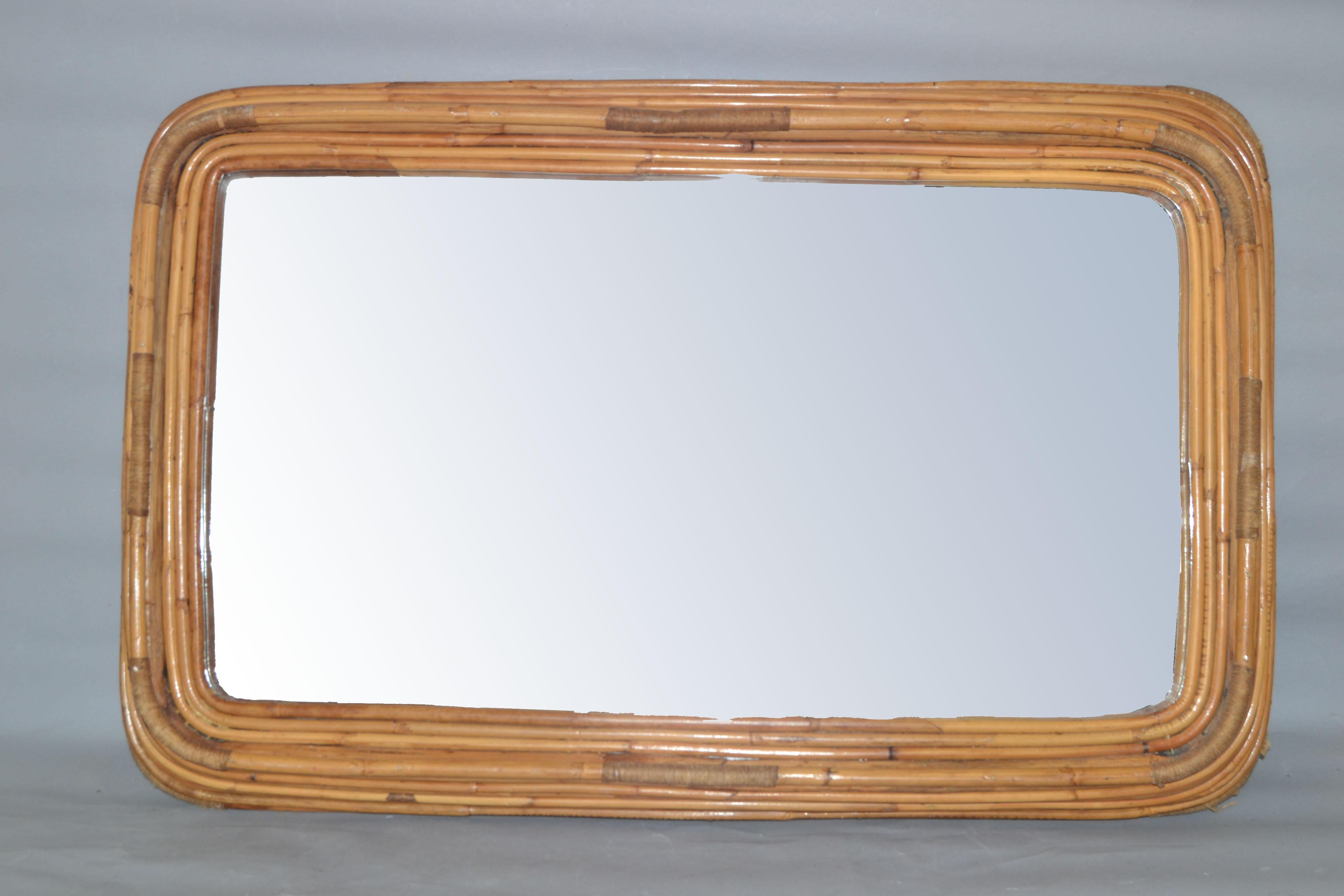 American Paul Frankl Style Six Band Form Woven Bamboo & Rope Rectangular Wall Mirror 1950