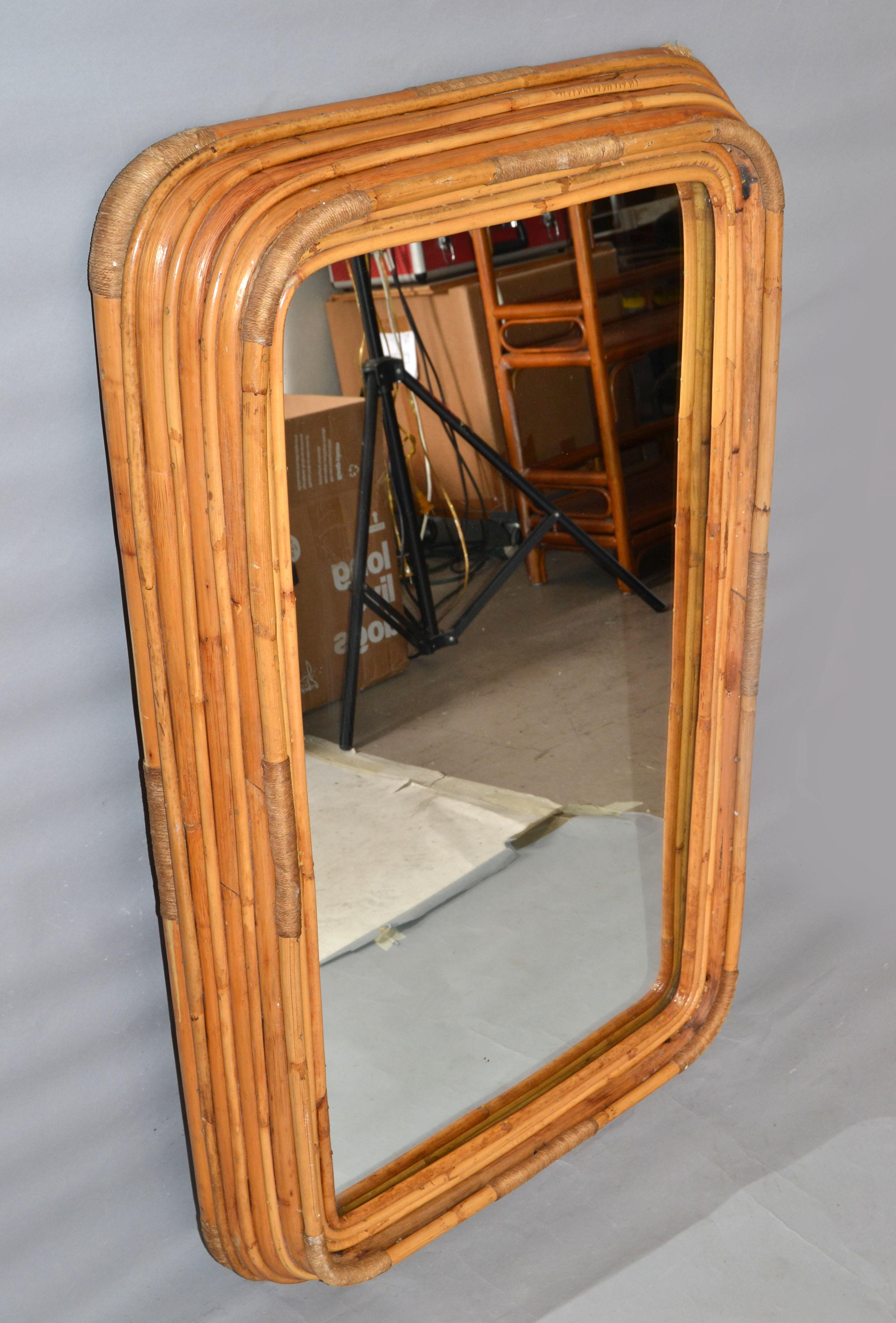 Hand-Crafted Paul Frankl Style Six Band Form Woven Bamboo & Rope Rectangular Wall Mirror 1950