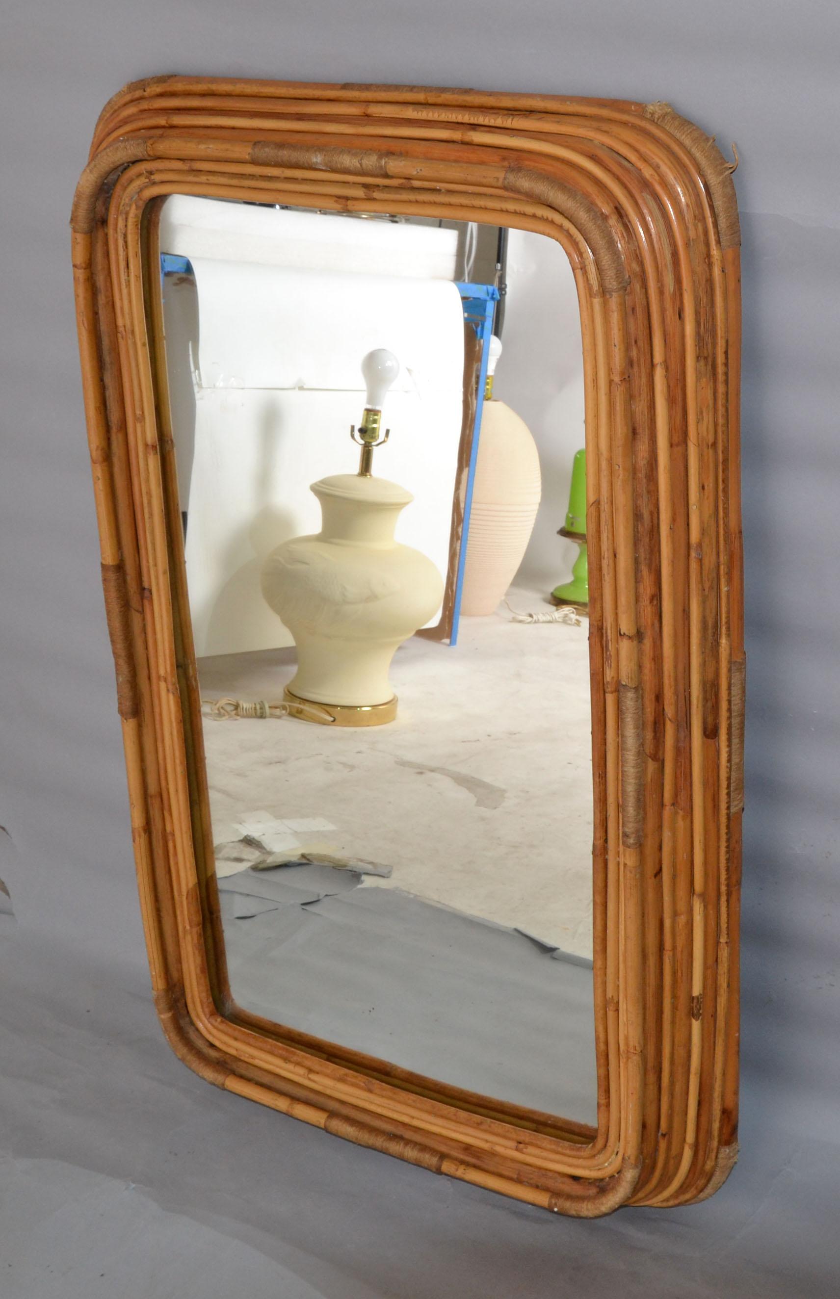 Paul Frankl Style Six Band Form Woven Bamboo & Rope Rectangular Wall Mirror 1950 In Good Condition In Miami, FL