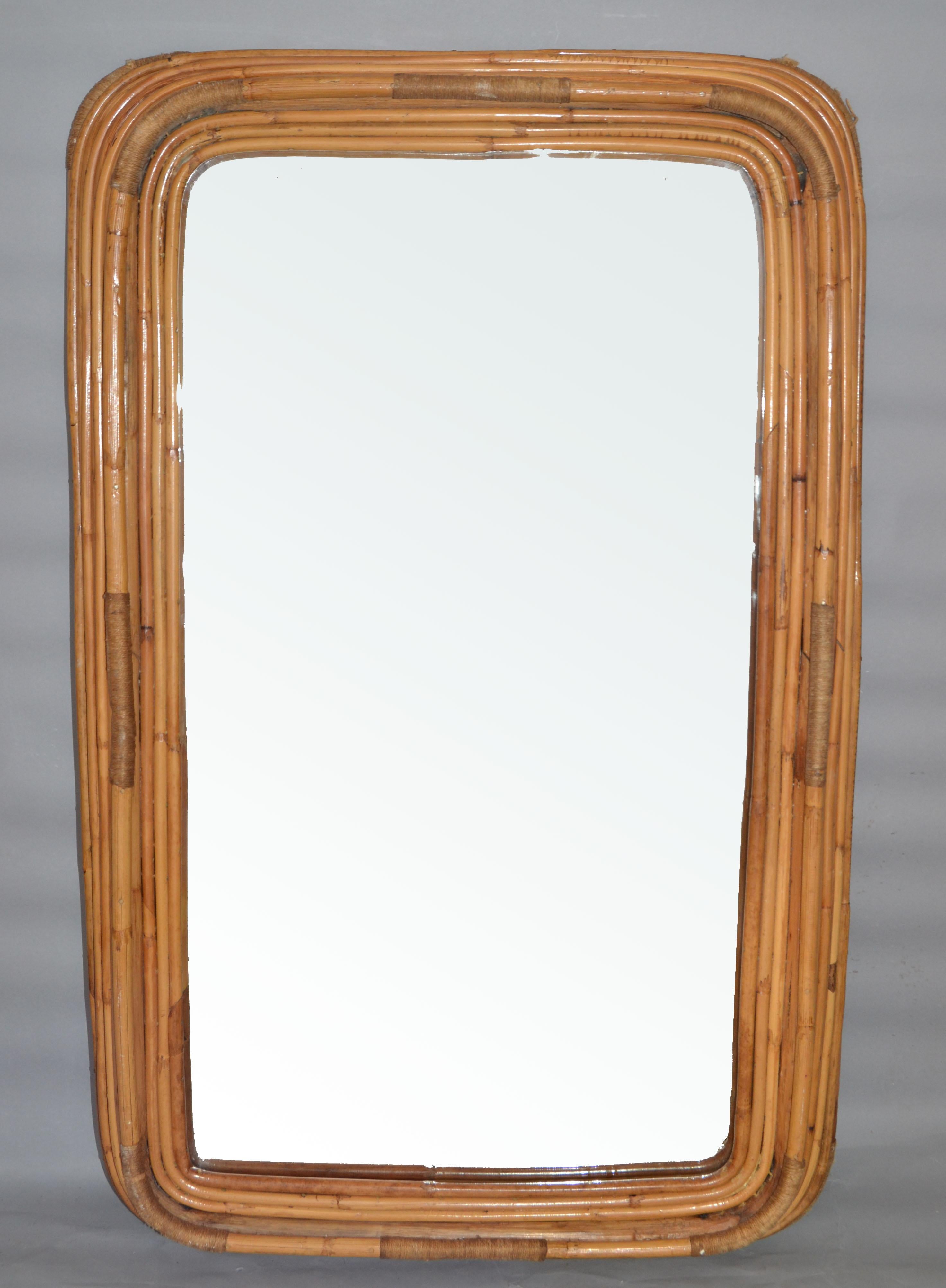 Mid-20th Century Paul Frankl Style Six Band Form Woven Bamboo & Rope Rectangular Wall Mirror 1950