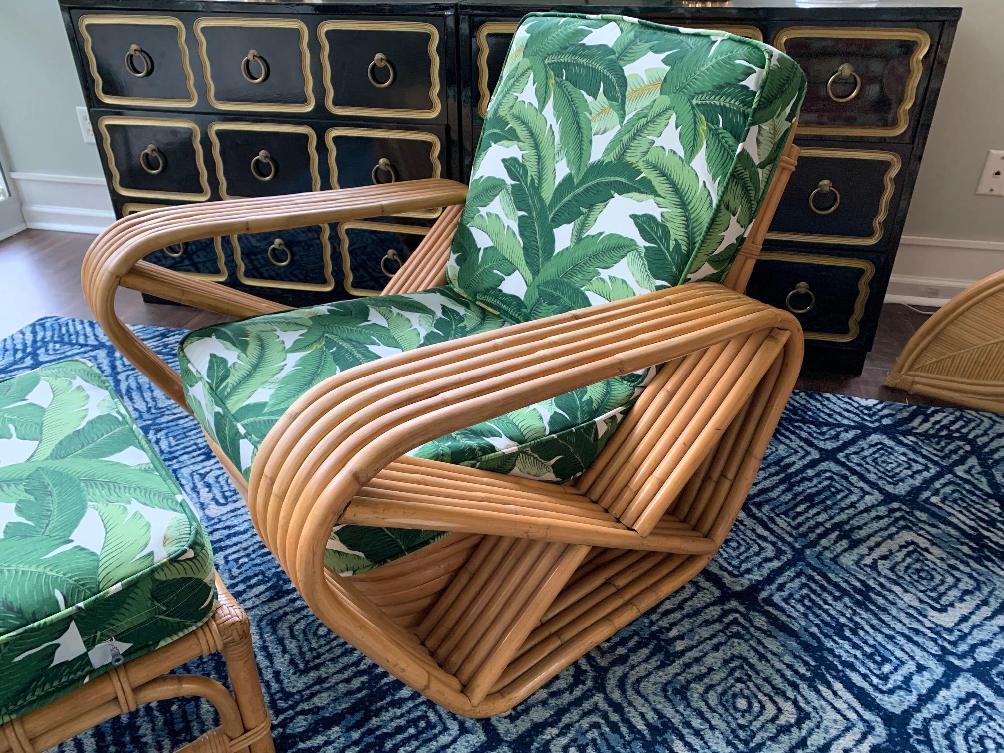 Vintage rattan lounge chair and ottoman in the manner of Paul Frankl features coveted six strand design and new palm leaf upholstery. Matching ottoman included. Very good condition with very minor imperfections consistent with gentle use. New