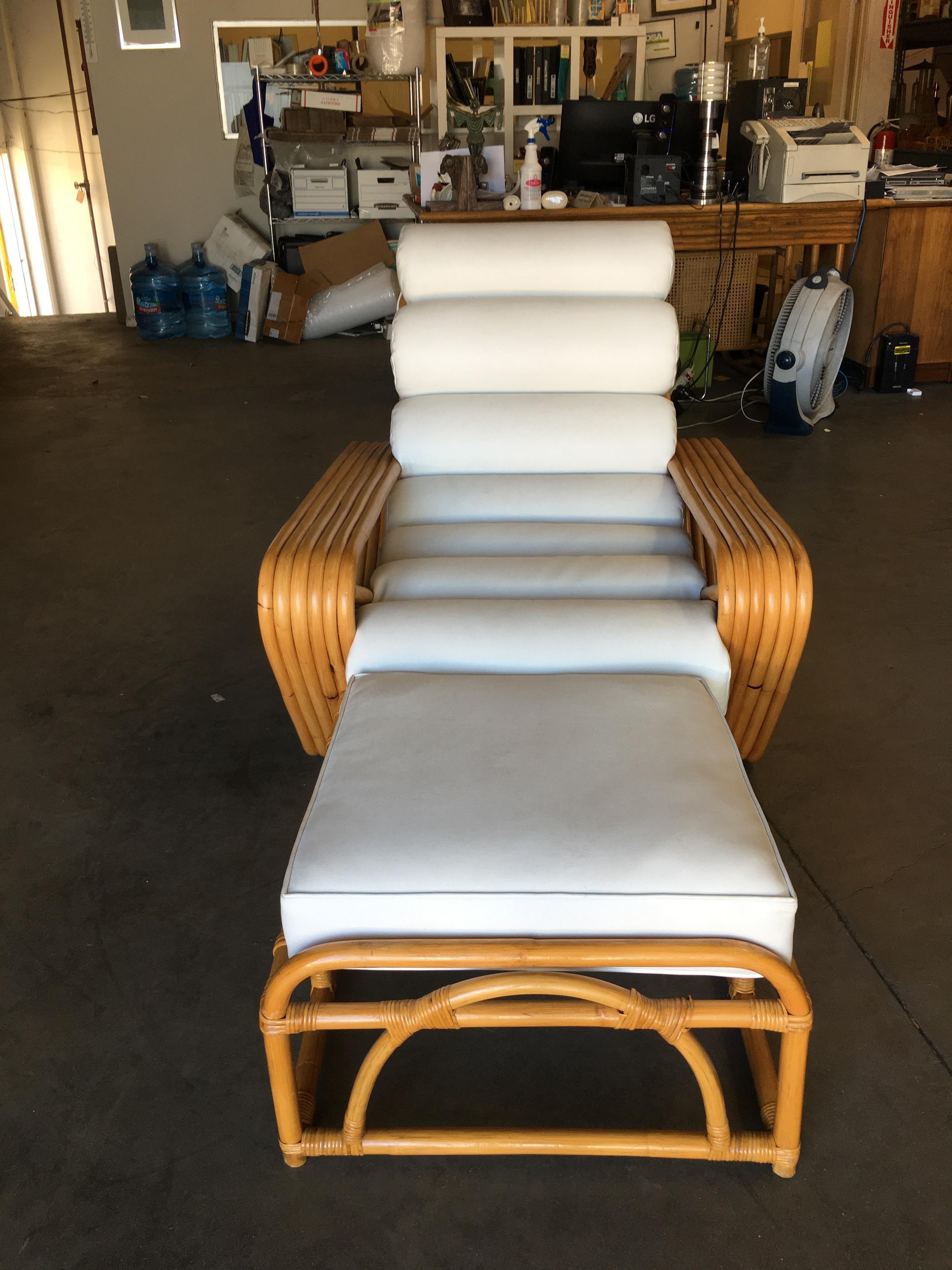 Restored Square Pretzel 6-Strand Rattan Lounge Chair + Ottoman In Excellent Condition In Van Nuys, CA