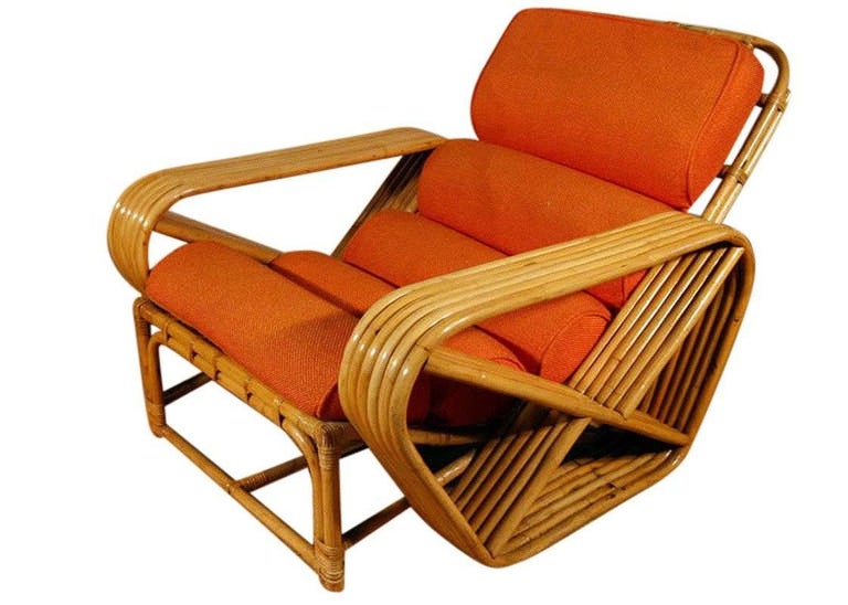 Art-déco-Rattan-Loungesessel mit quadratischer Brezel und Ottomane im