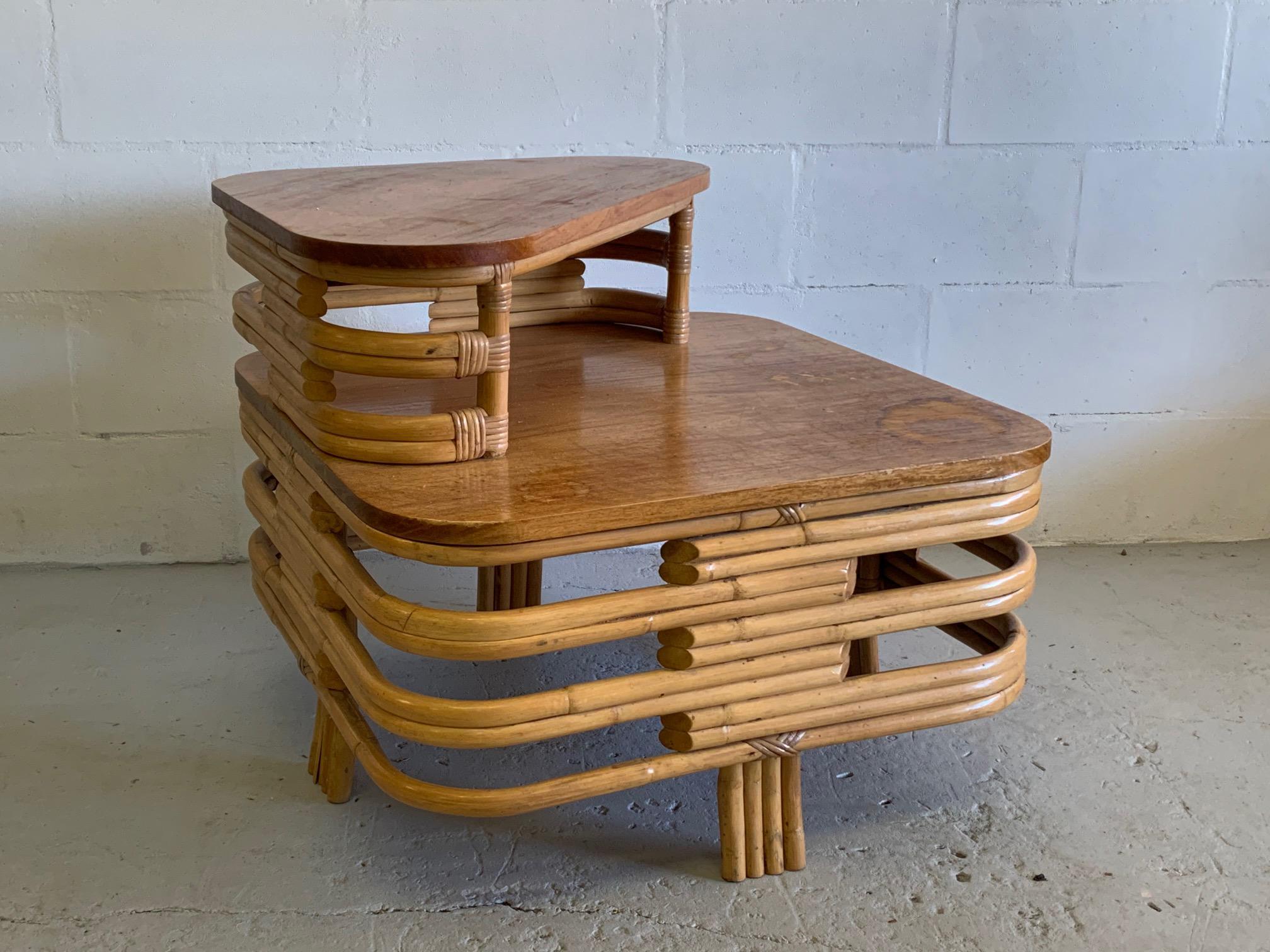 Art Deco two-tiered stacked rattan side table in Paul Frankl style features bent rattan and mahogany top.
In good condition save for one area of stain at corner. Structurally very sound. Features four-strand legs at each side.
     
    