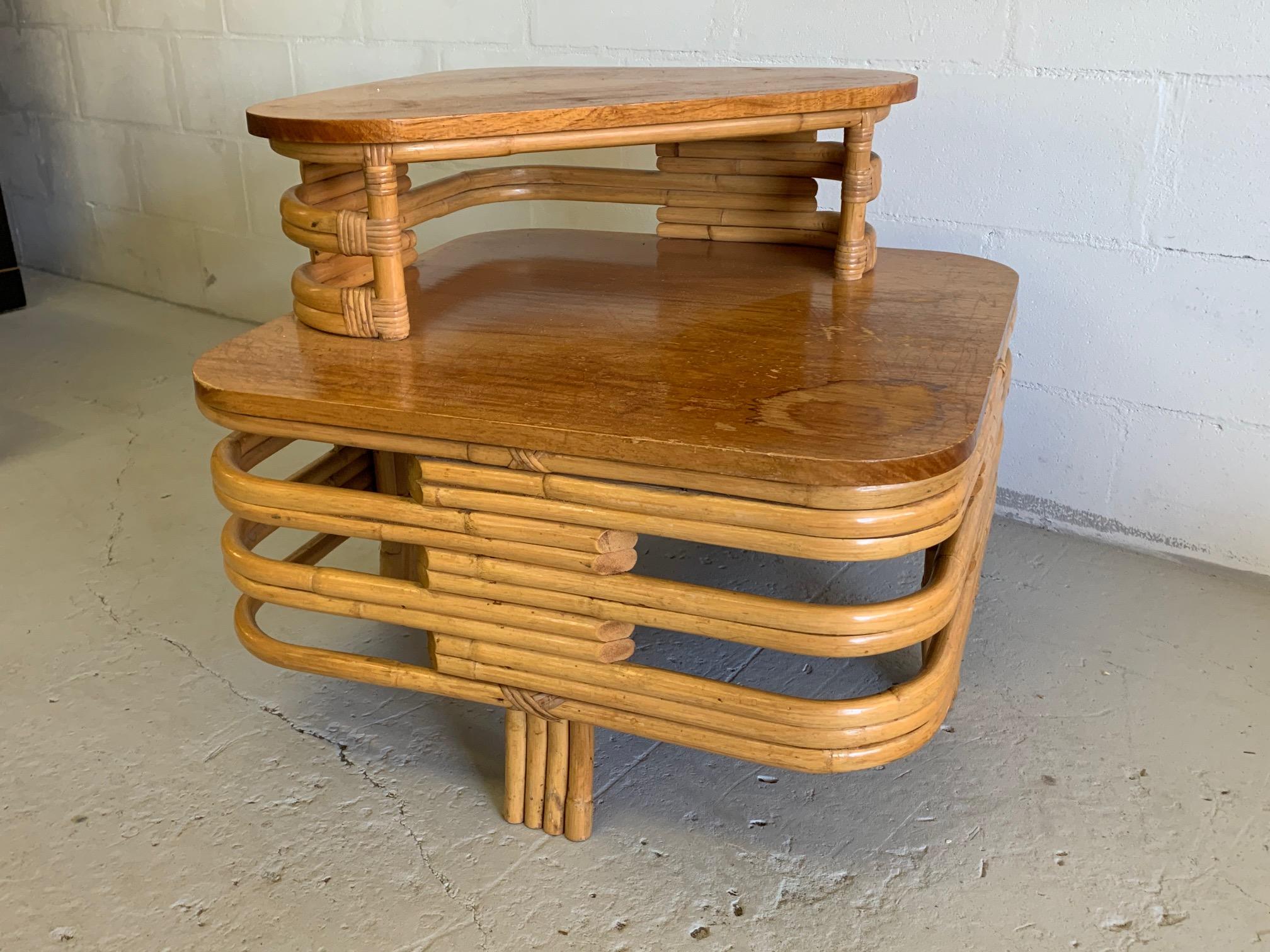 Hollywood Regency Paul Frankl Style Stacked Rattan Corner Table For Sale