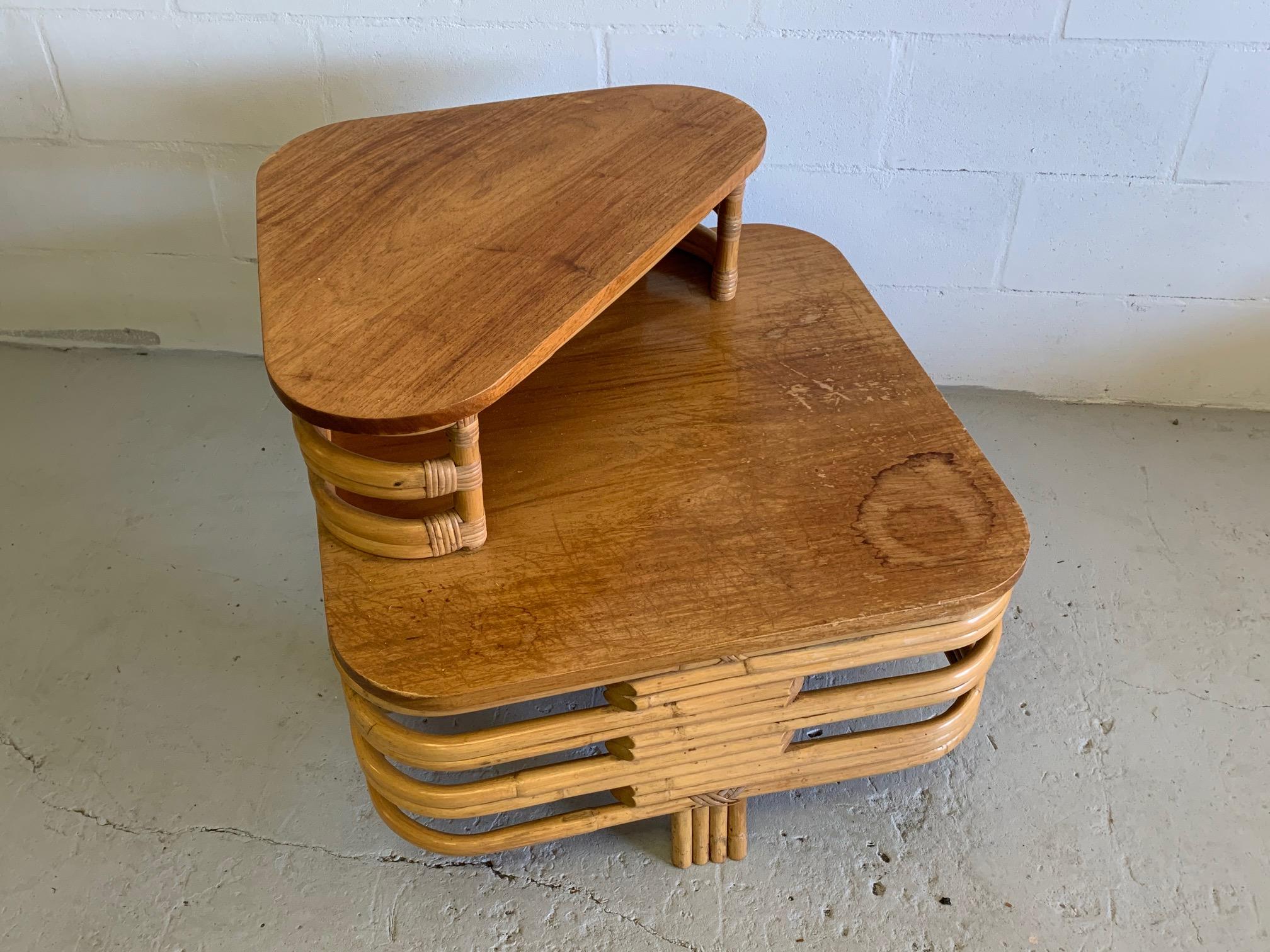 Paul Frankl Style Stacked Rattan Corner Table In Good Condition For Sale In Jacksonville, FL