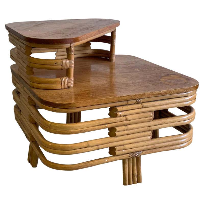 Paul Frankl Style Stacked Rattan Corner Table For Sale at 1stDibs