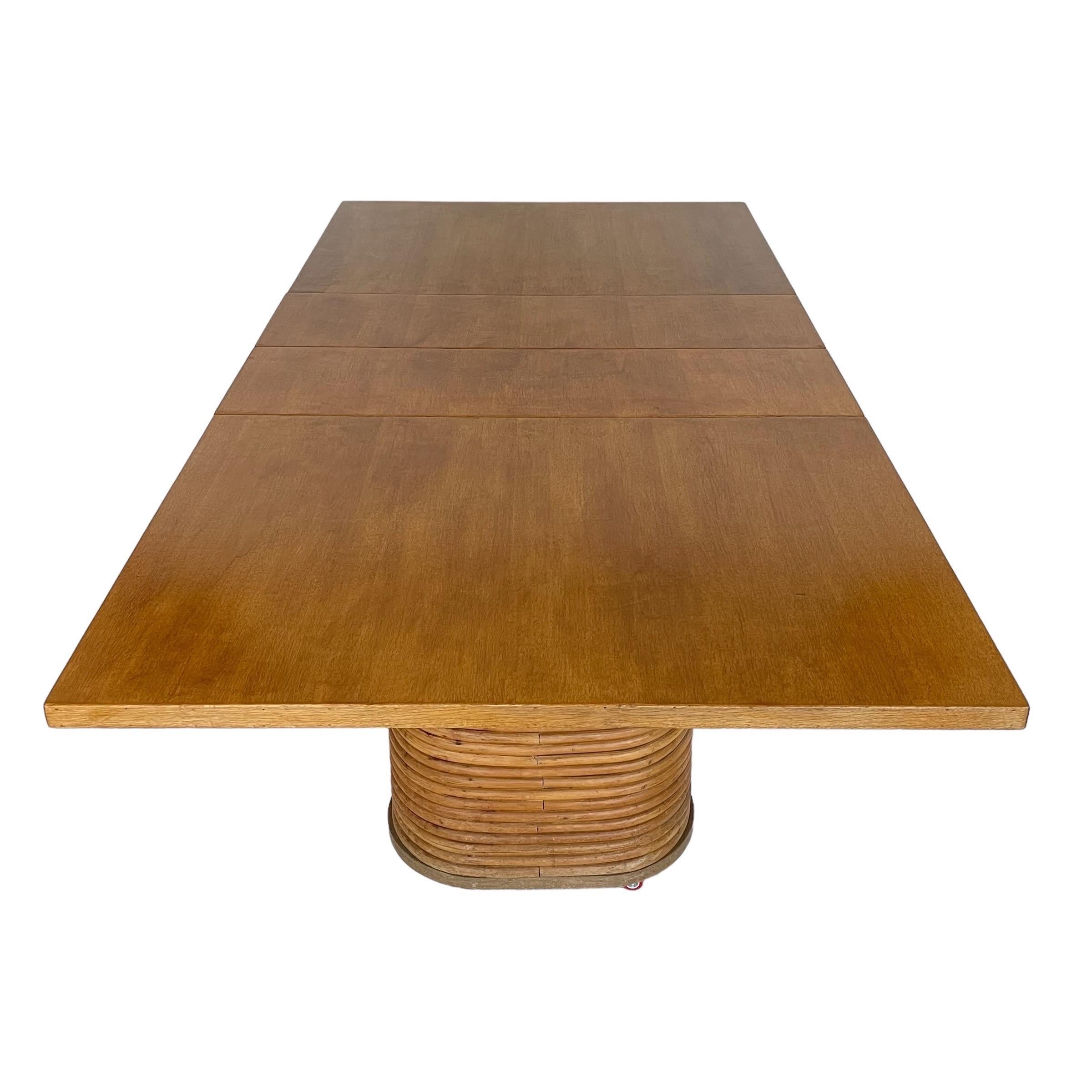 Paul Frankl Style Stacked Rattan Double Pedestal Extension Dining Table, 1940s For Sale 2