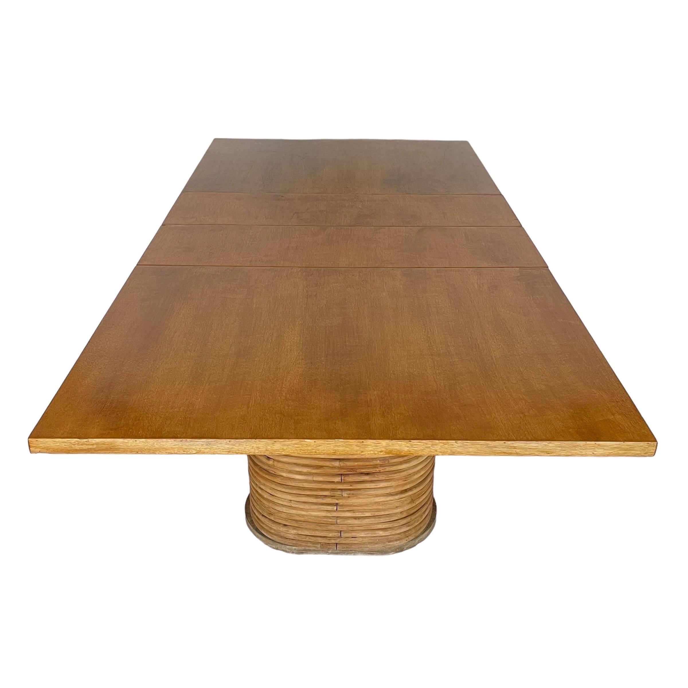 Paul Frankl Style Stacked Rattan Double Pedestal Extension Dining Table, 1940s For Sale 3