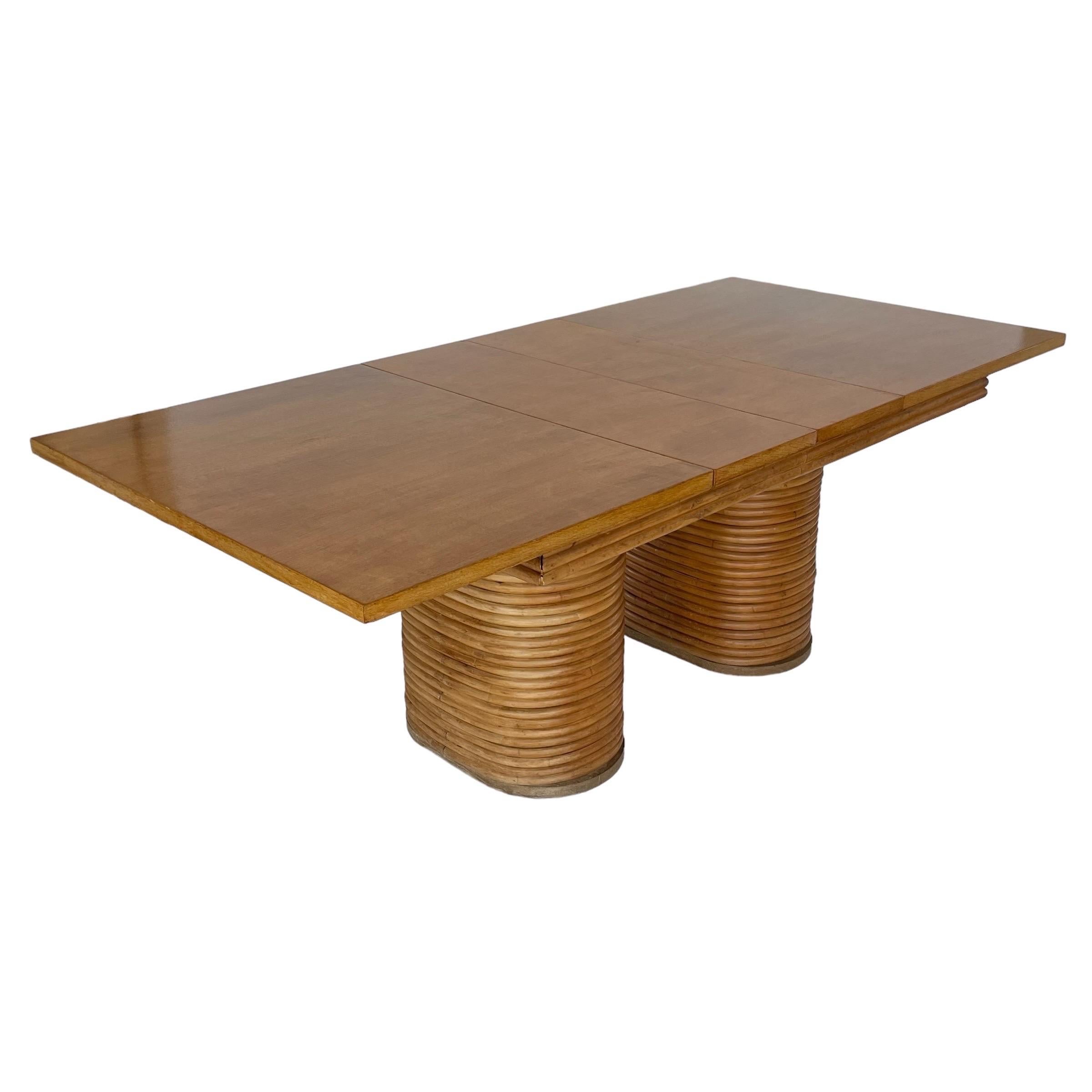 Paul Frankl Style Stacked Rattan Double Pedestal Extension Dining Table, 1940s For Sale 4