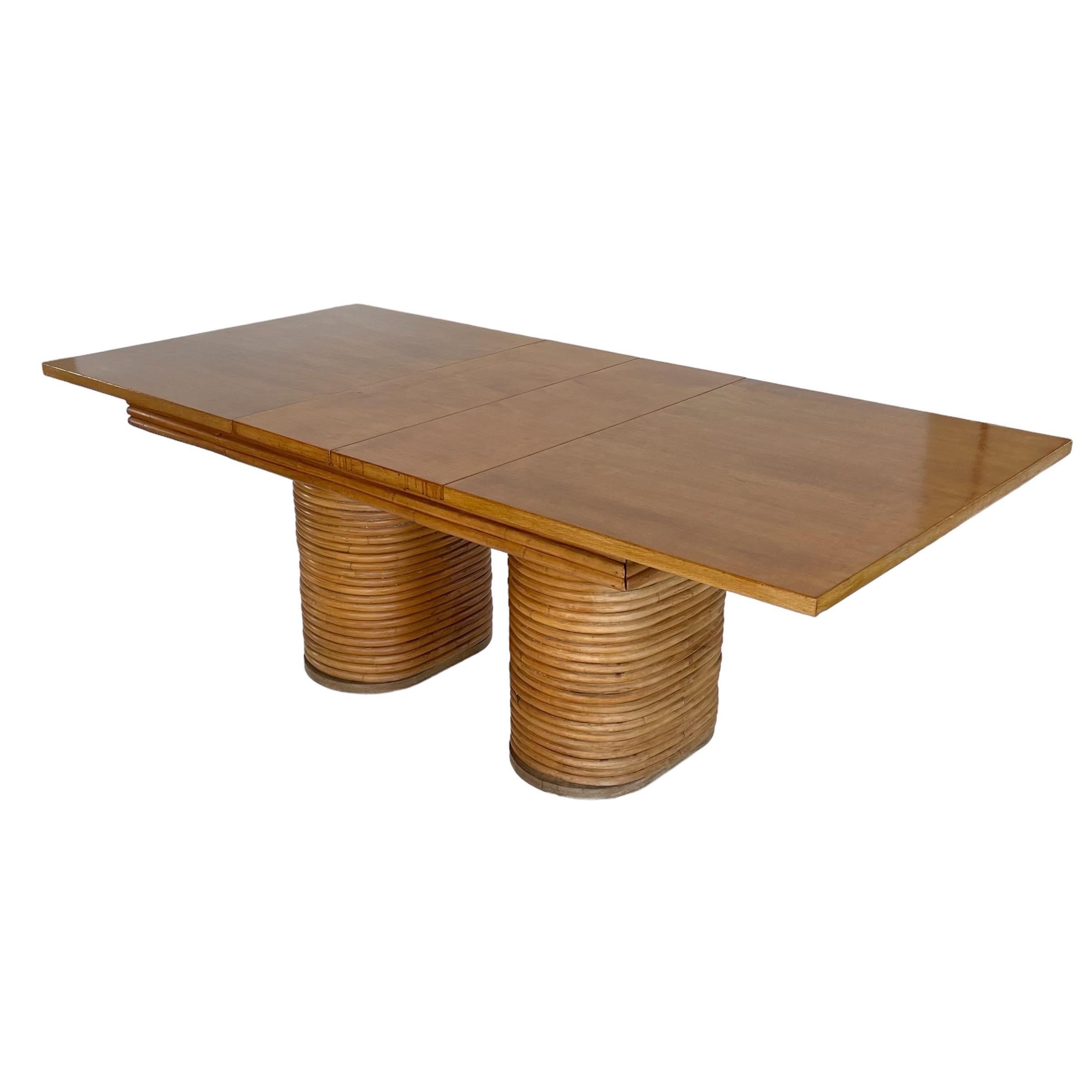 Paul Frankl Style Stacked Rattan Double Pedestal Extension Dining Table, 1940s For Sale 5