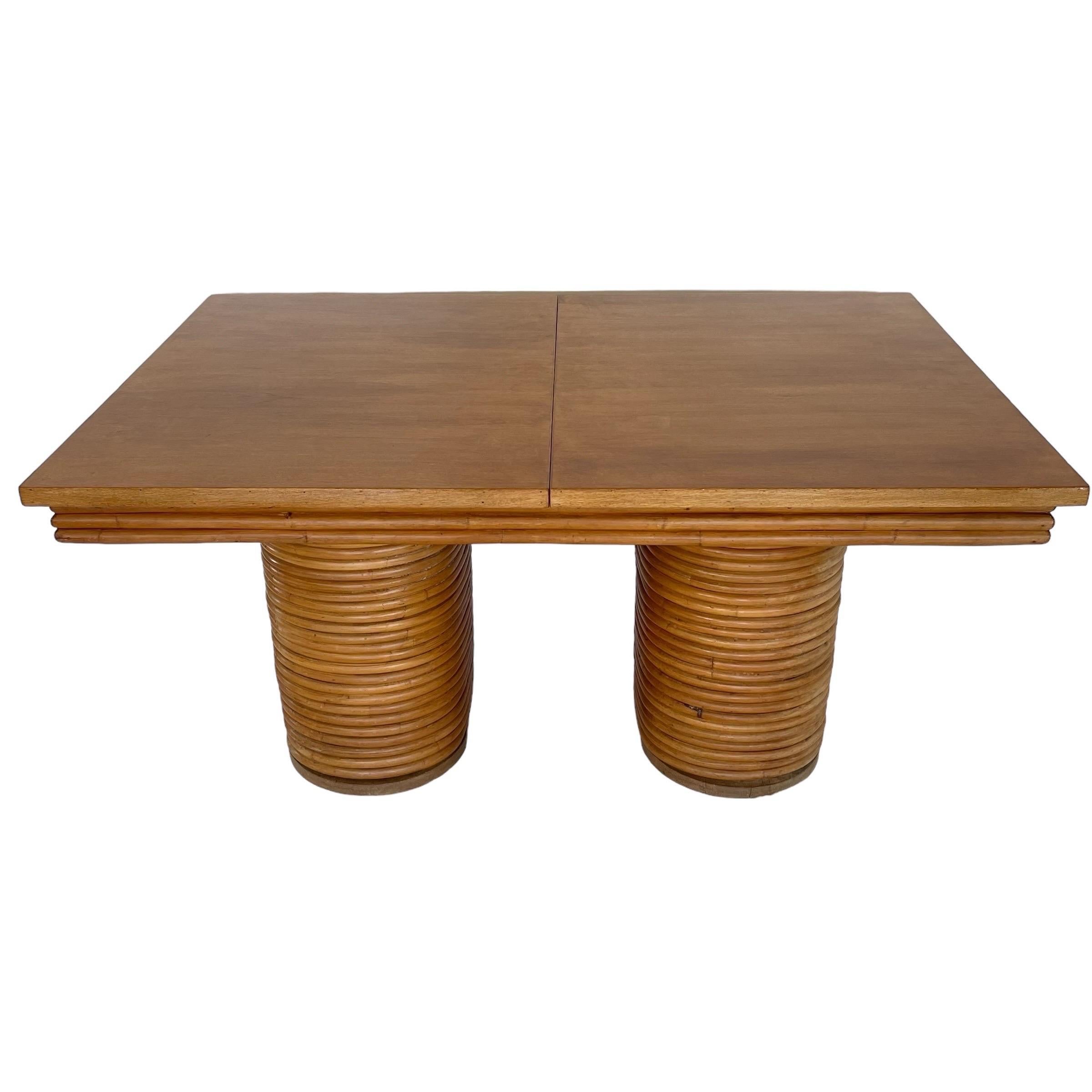 Paul Frankl Style Stacked Rattan Double Pedestal Extension Dining Table, 1940s For Sale 6