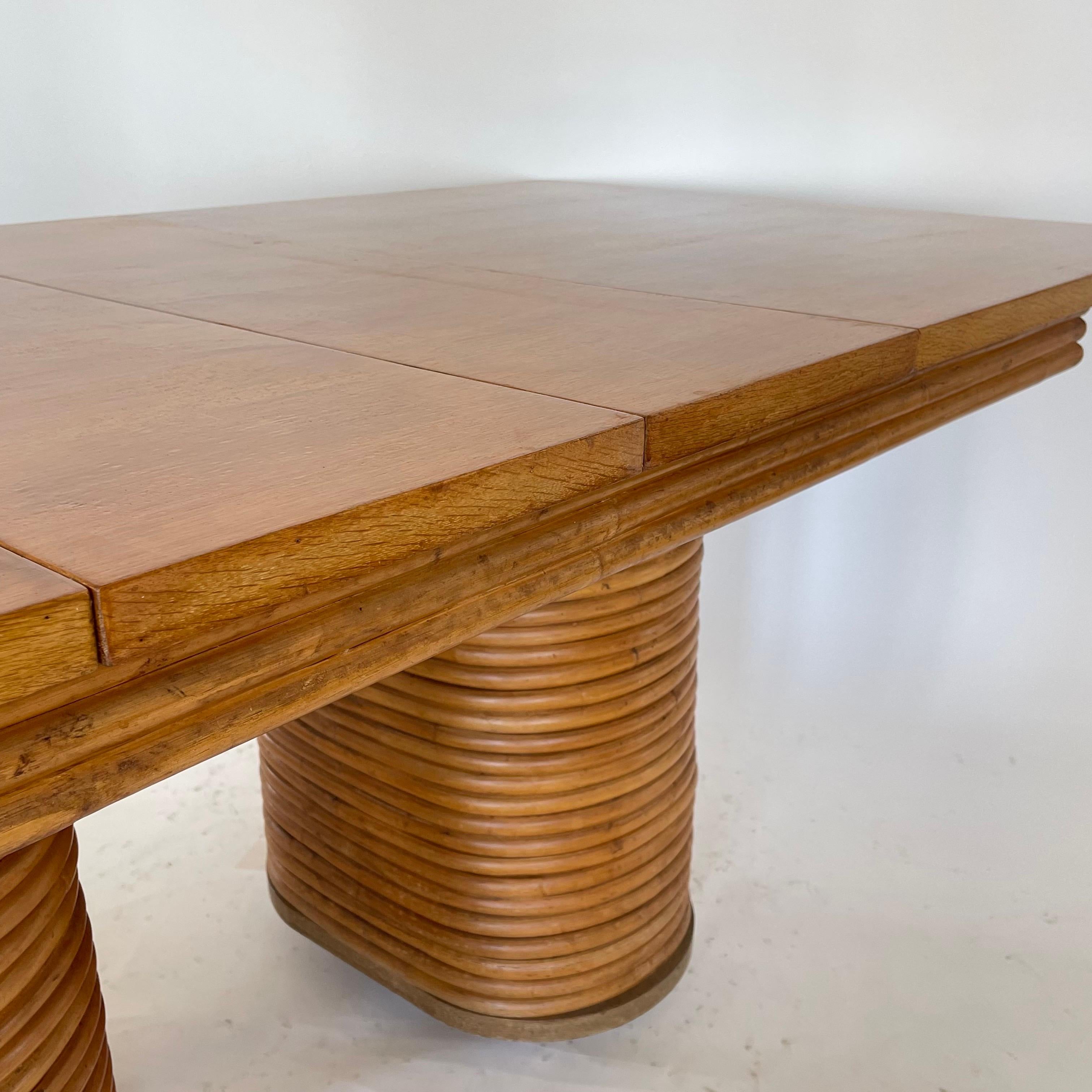Paul Frankl Style Stacked Rattan Double Pedestal Extension Dining Table, 1940s For Sale 7