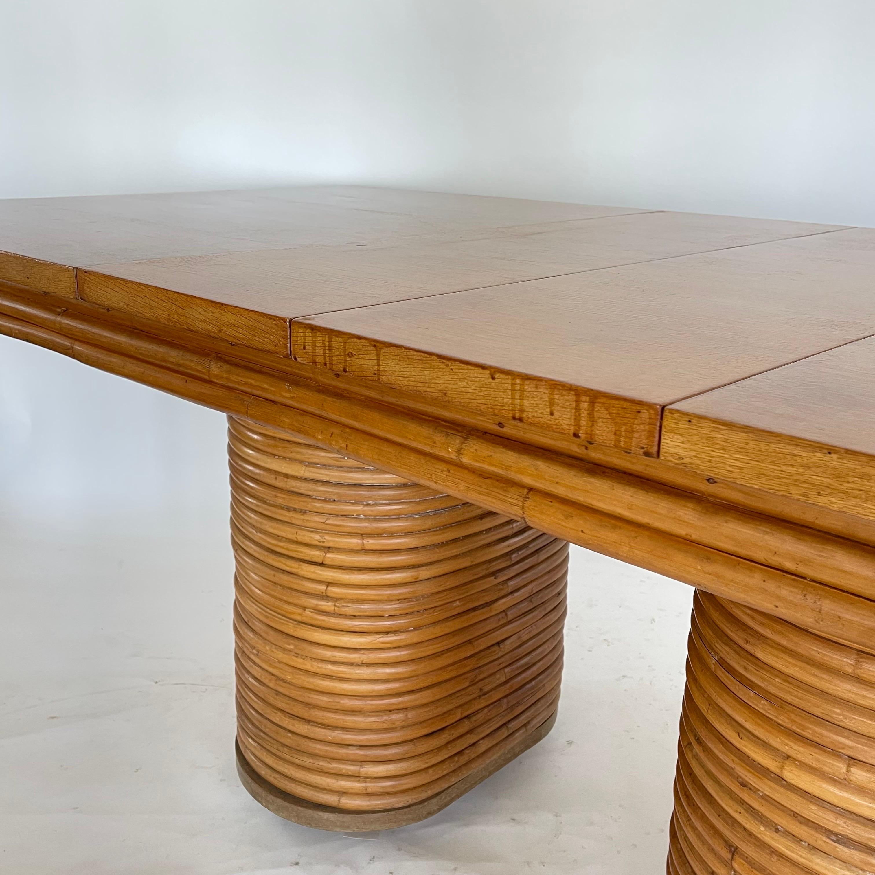 Paul Frankl Style Stacked Rattan Double Pedestal Extension Dining Table, 1940s For Sale 8