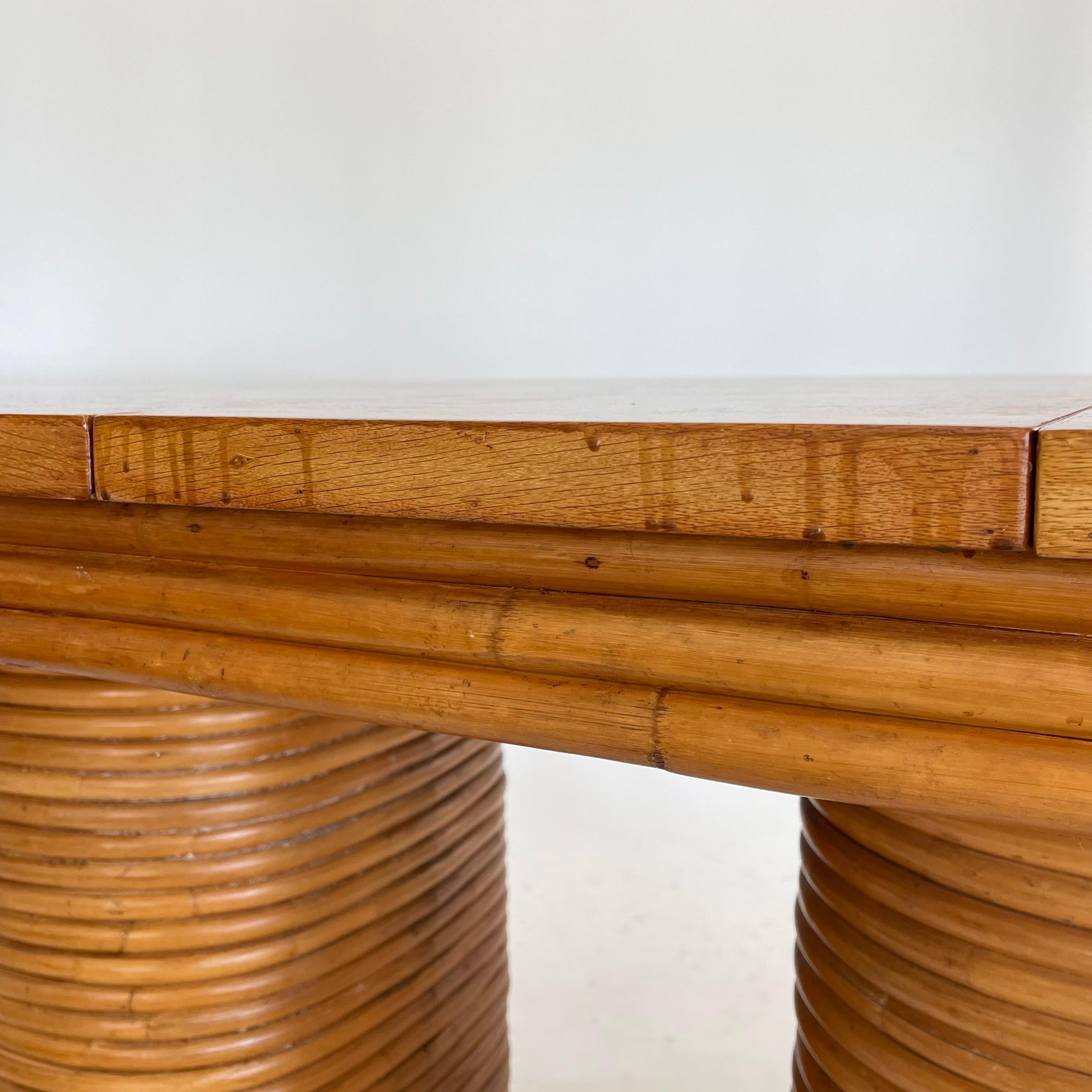 Paul Frankl Style Stacked Rattan Double Pedestal Extension Dining Table, 1940s For Sale 9