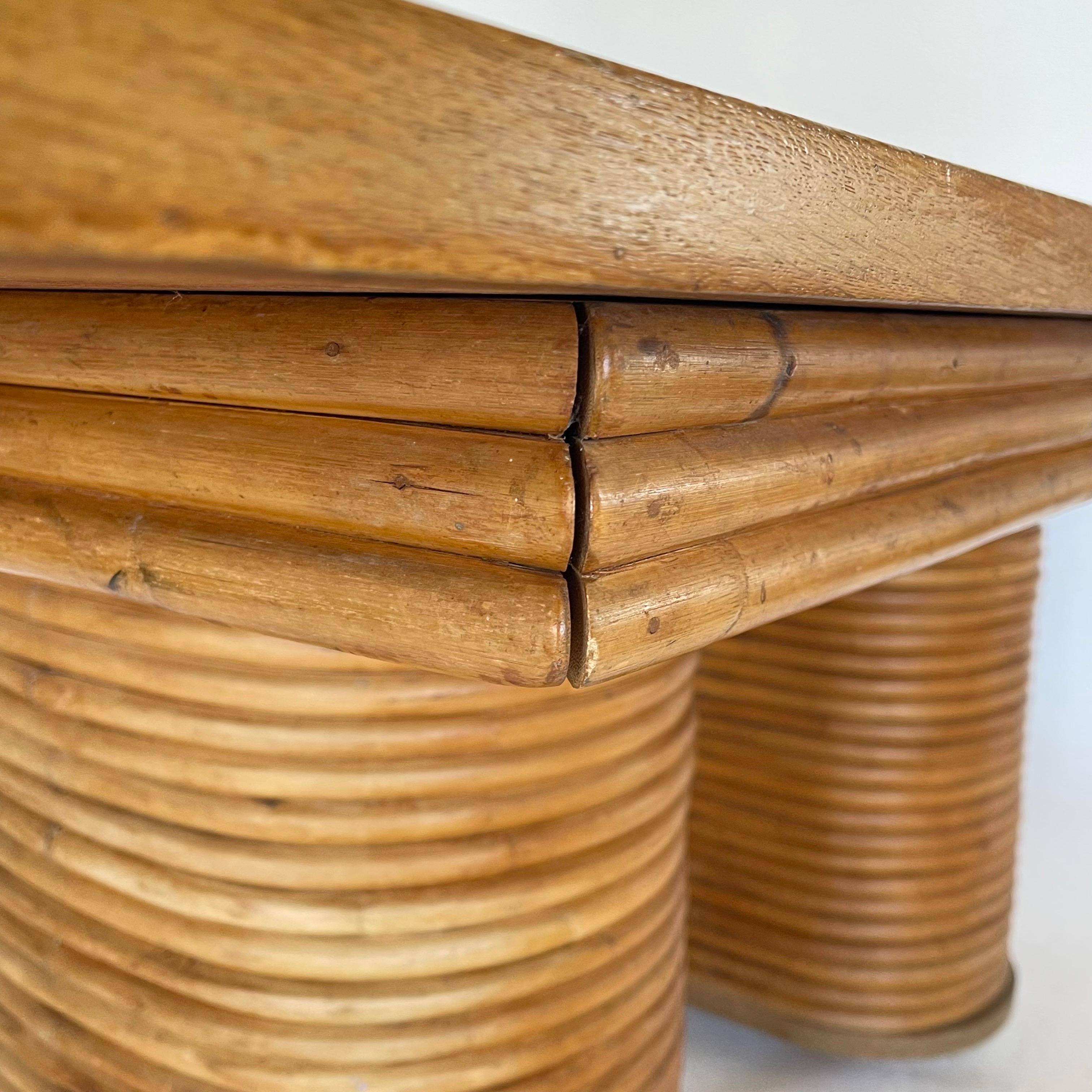 Paul Frankl Style Stacked Rattan Double Pedestal Extension Dining Table, 1940s For Sale 11