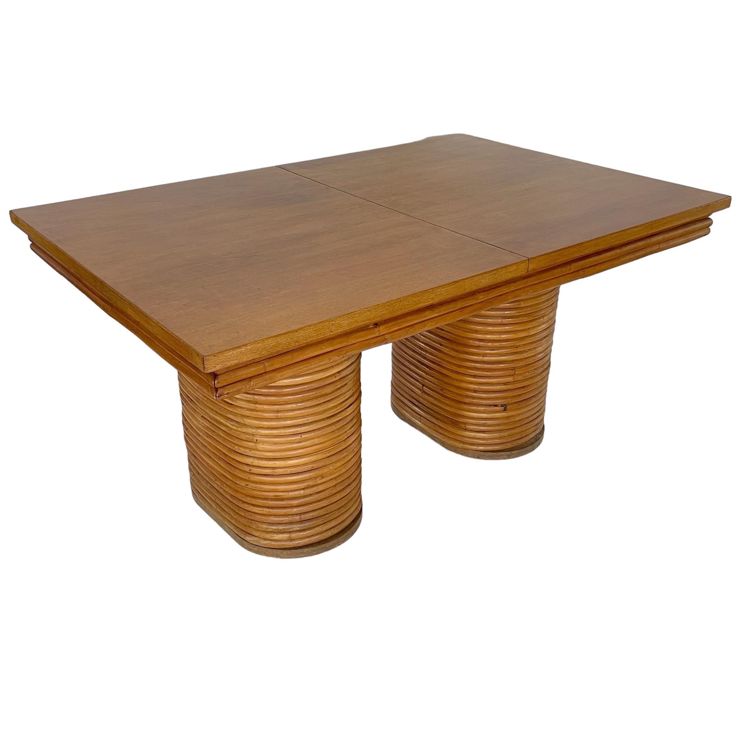 Mid-Century Modern Paul Frankl Style Stacked Rattan Double Pedestal Extension Dining Table, 1940s For Sale