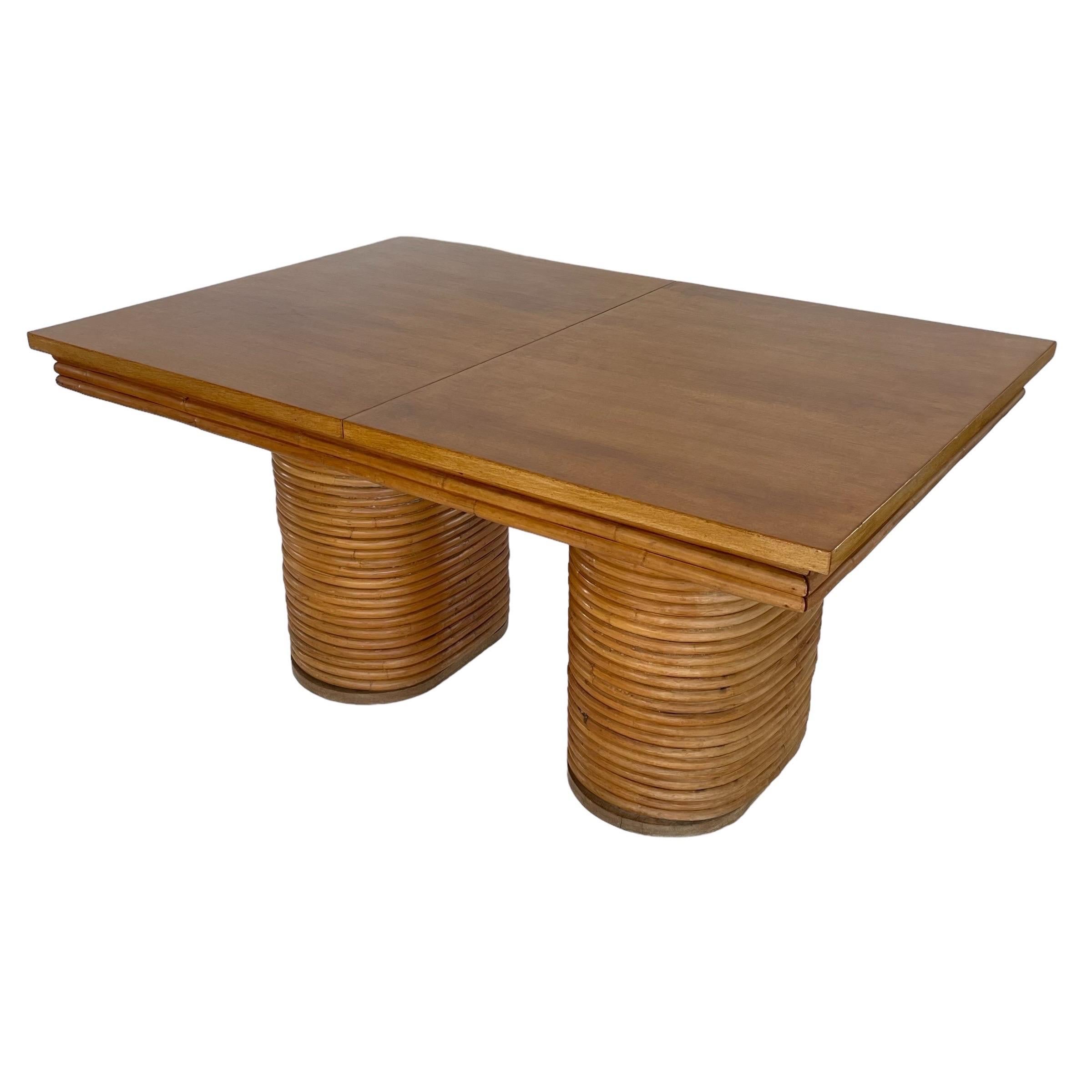 American Paul Frankl Style Stacked Rattan Double Pedestal Extension Dining Table, 1940s For Sale