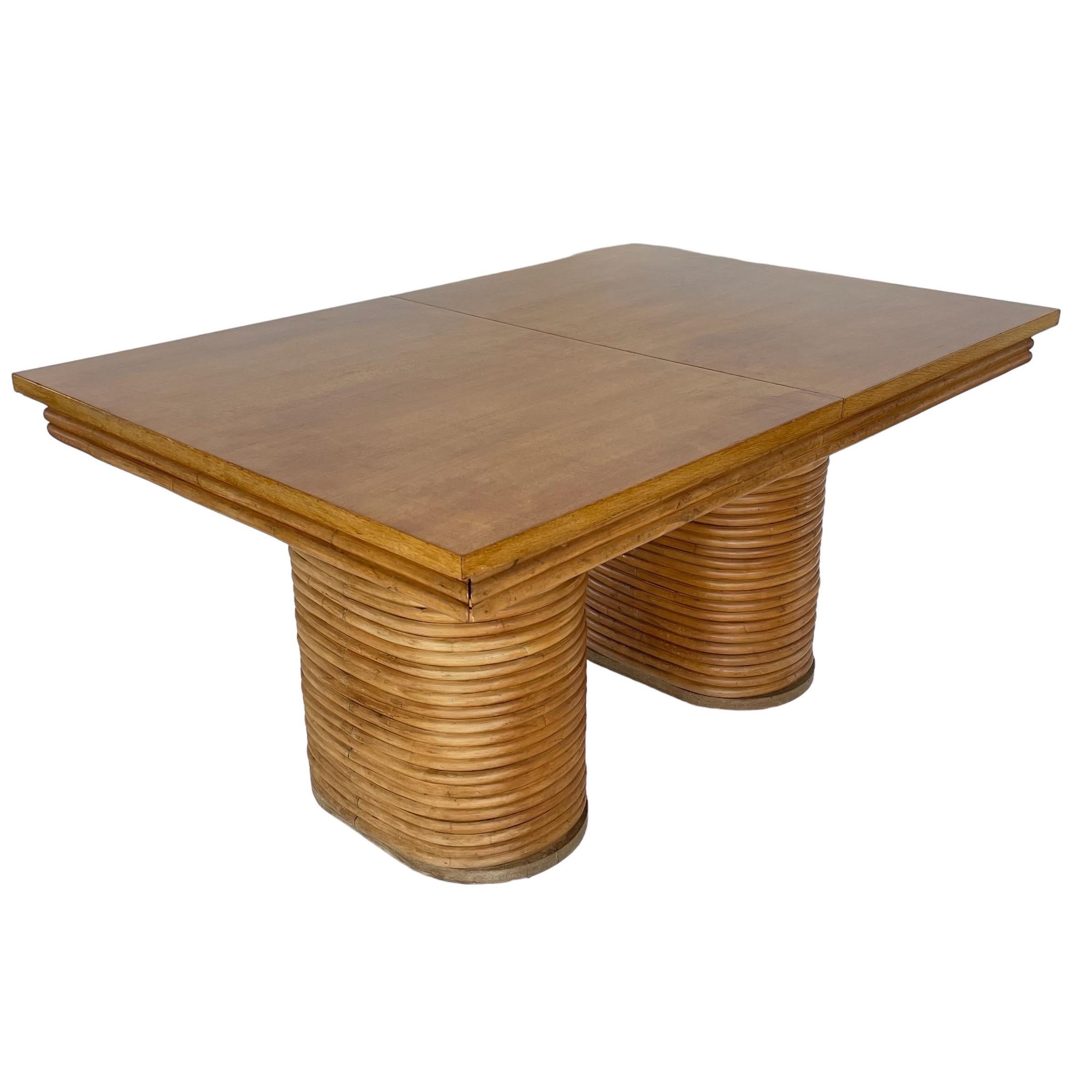 Stained Paul Frankl Style Stacked Rattan Double Pedestal Extension Dining Table, 1940s For Sale