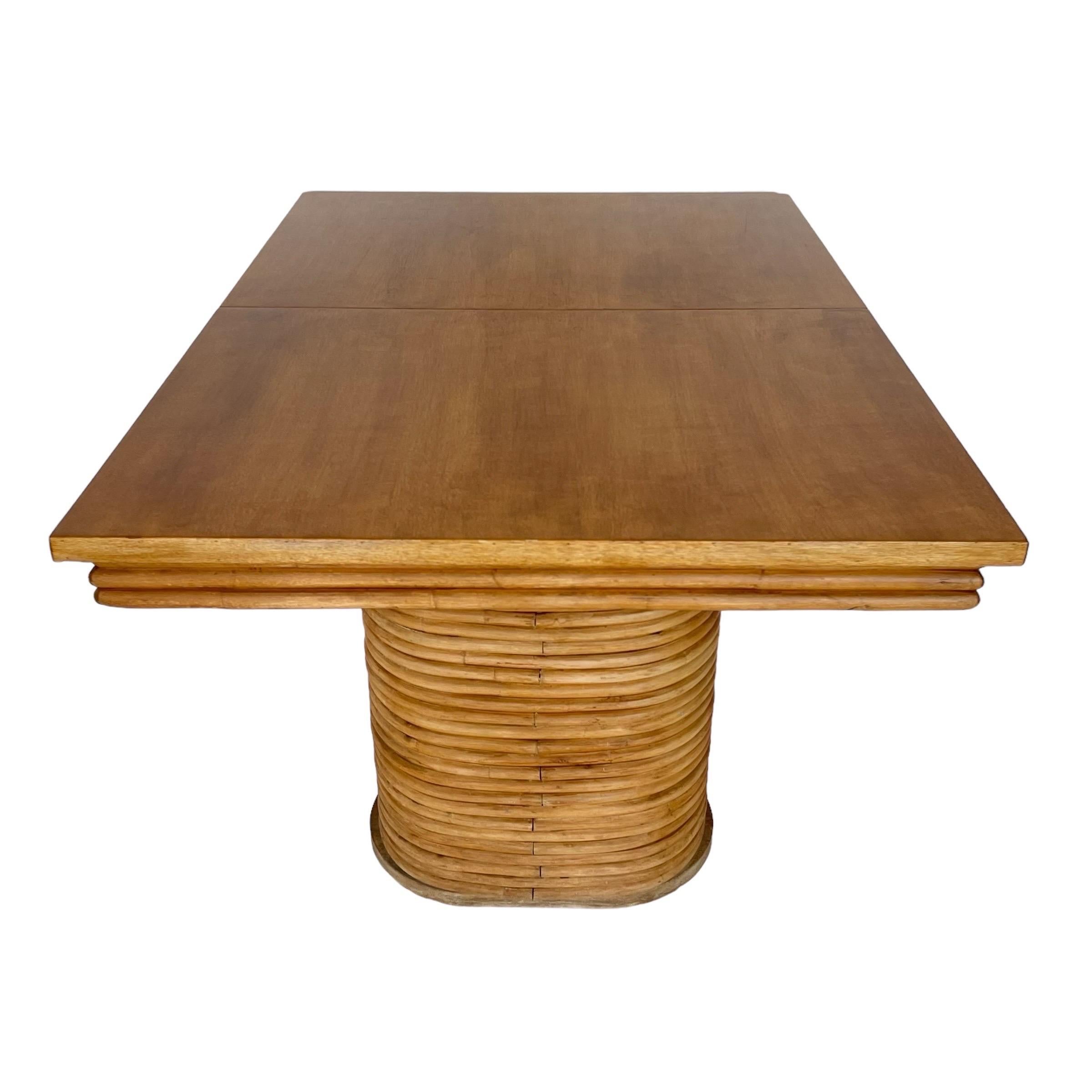 Paul Frankl Style Stacked Rattan Double Pedestal Extension Dining Table, 1940s In Good Condition For Sale In Miami, FL