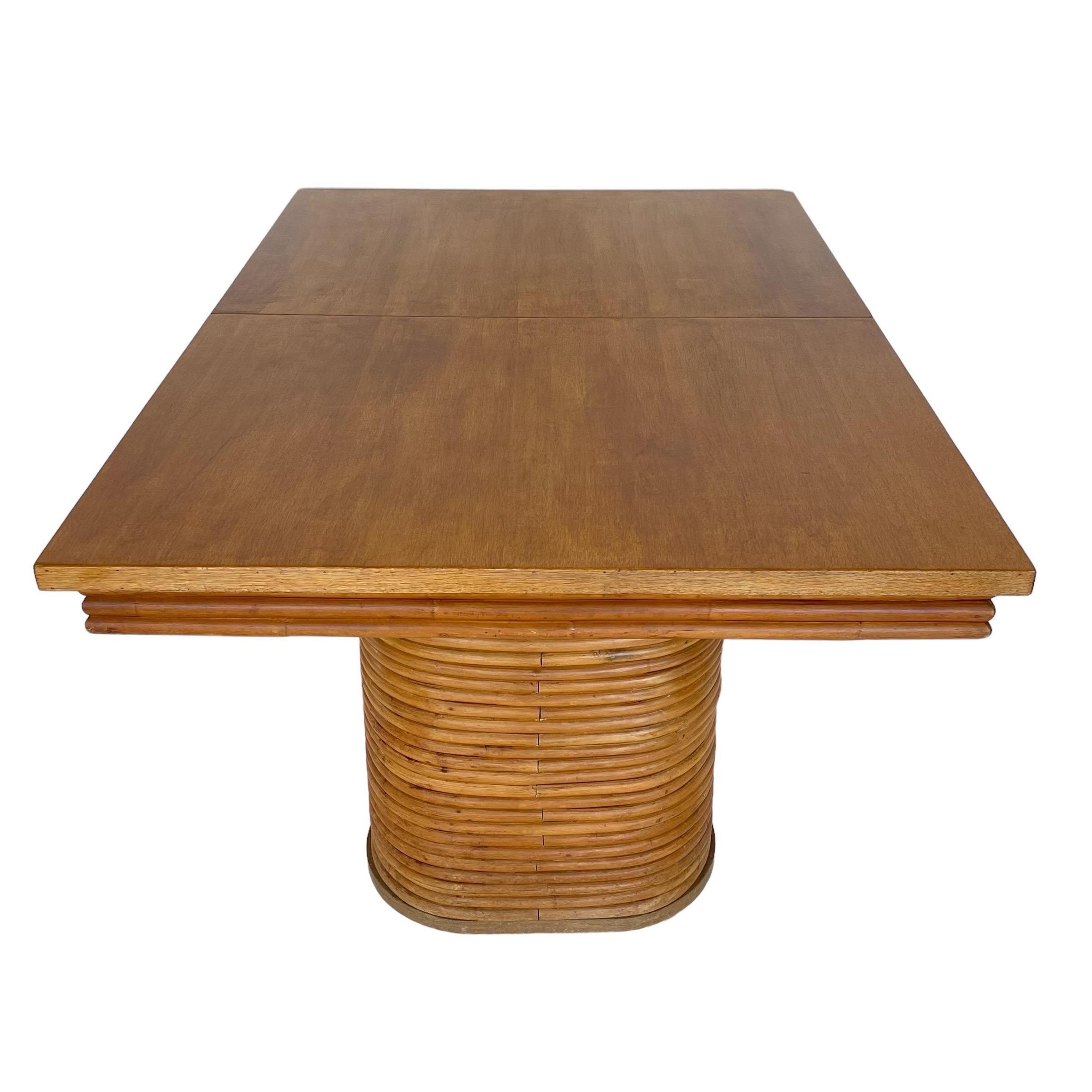 20th Century Paul Frankl Style Stacked Rattan Double Pedestal Extension Dining Table, 1940s For Sale