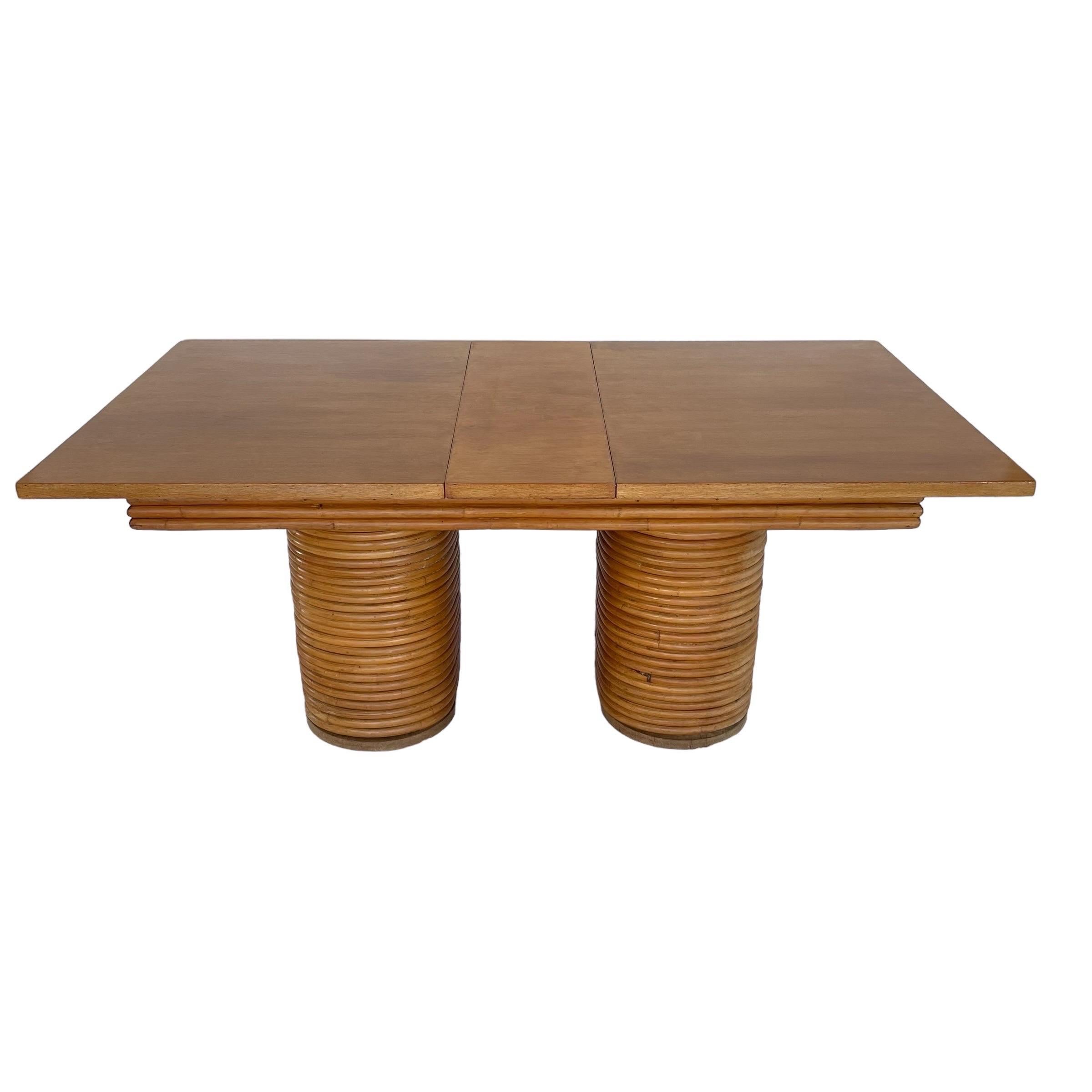 Bamboo Paul Frankl Style Stacked Rattan Double Pedestal Extension Dining Table, 1940s For Sale